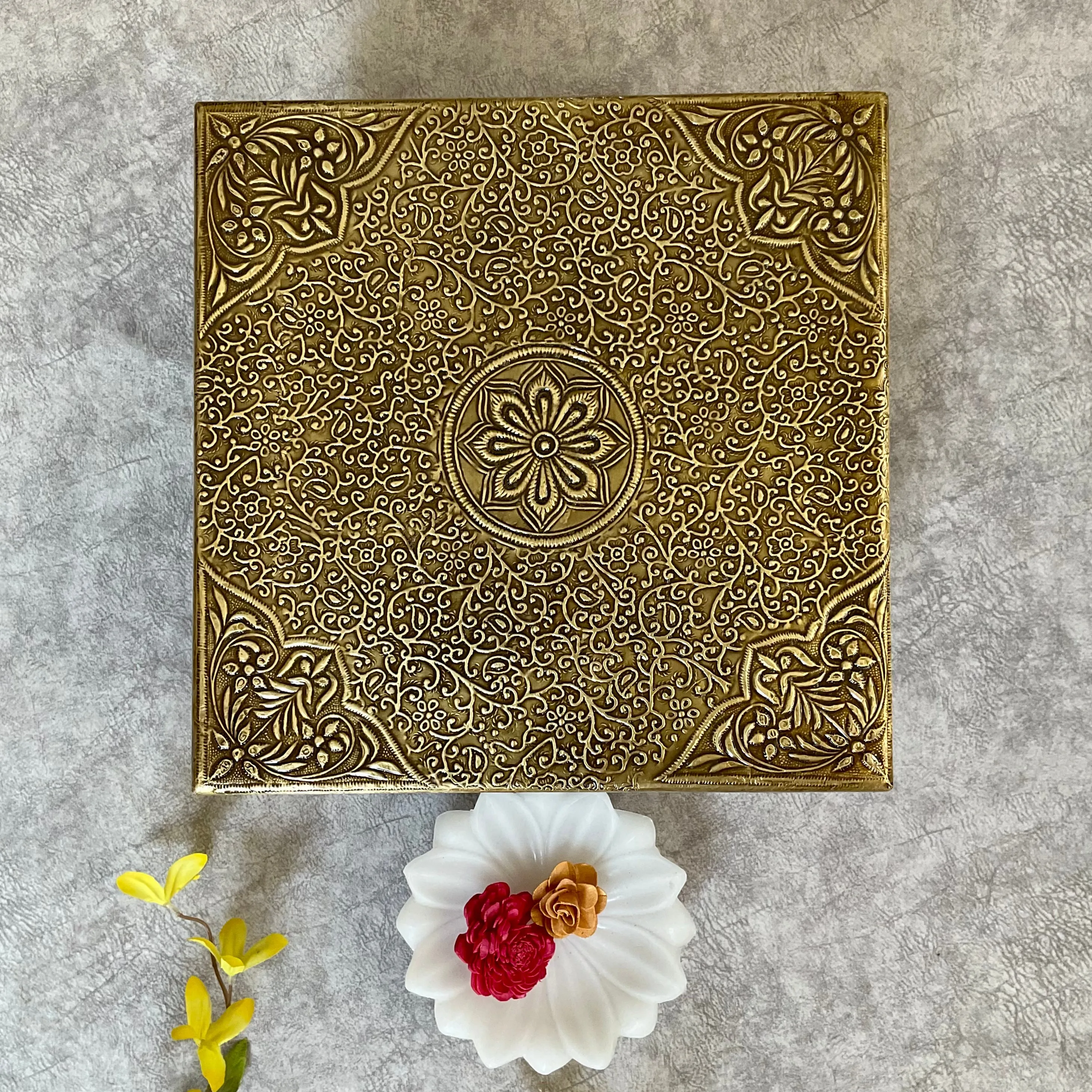 15 Inches Brass fitted Wooden Square Chowki For Idols And Pooja