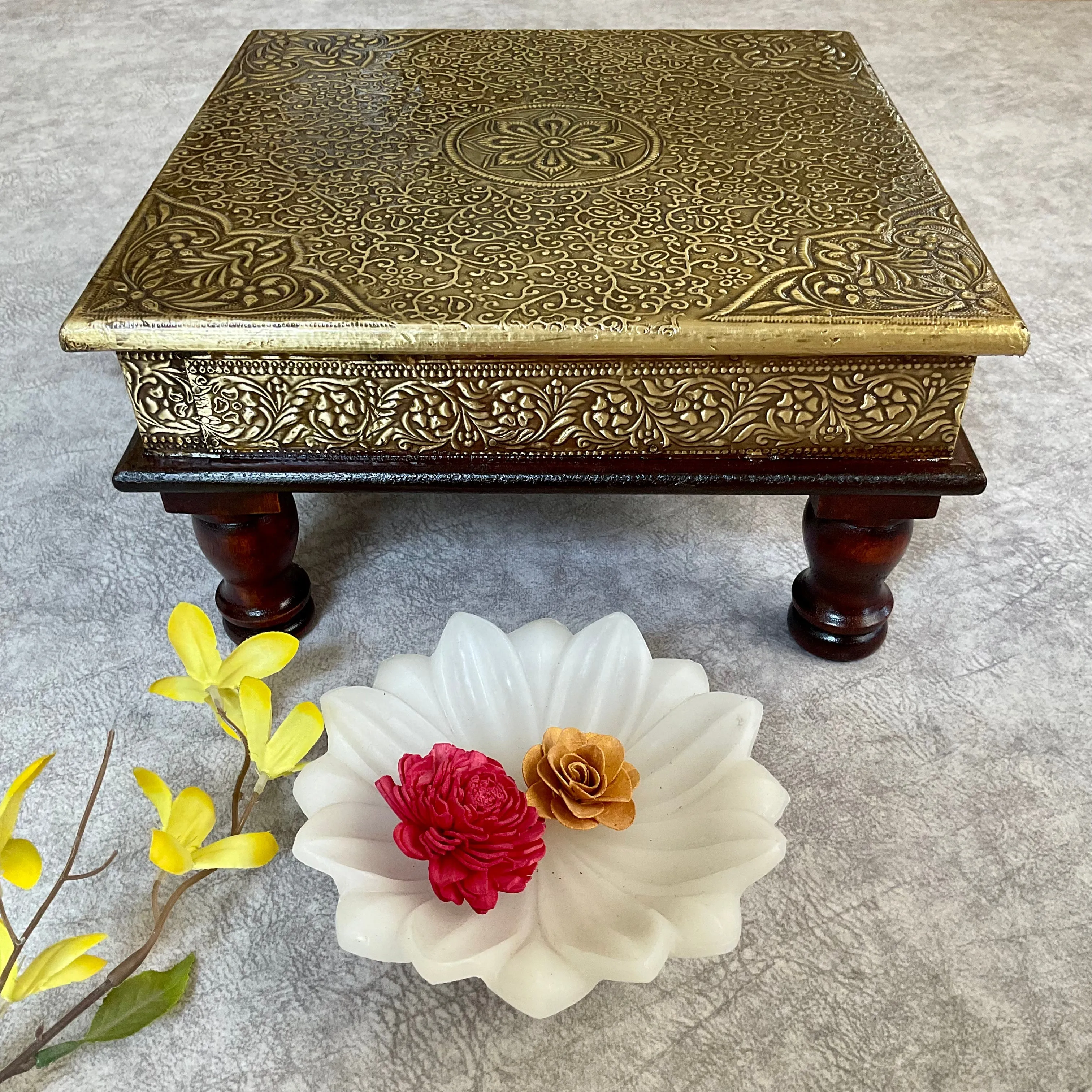 15 Inches Brass fitted Wooden Square Chowki For Idols And Pooja