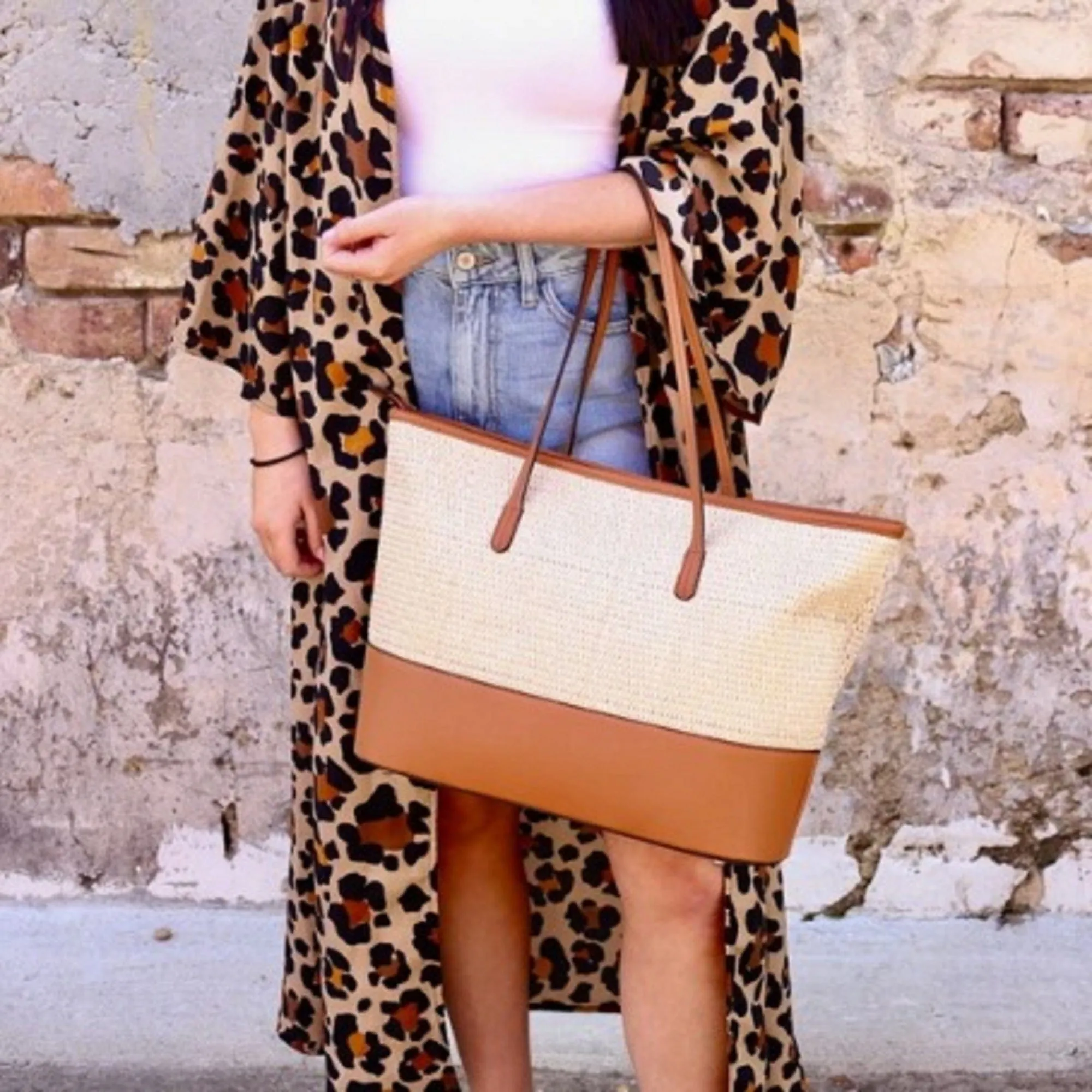 93130 Straw Shopper Tote With Vegan Leather Trim