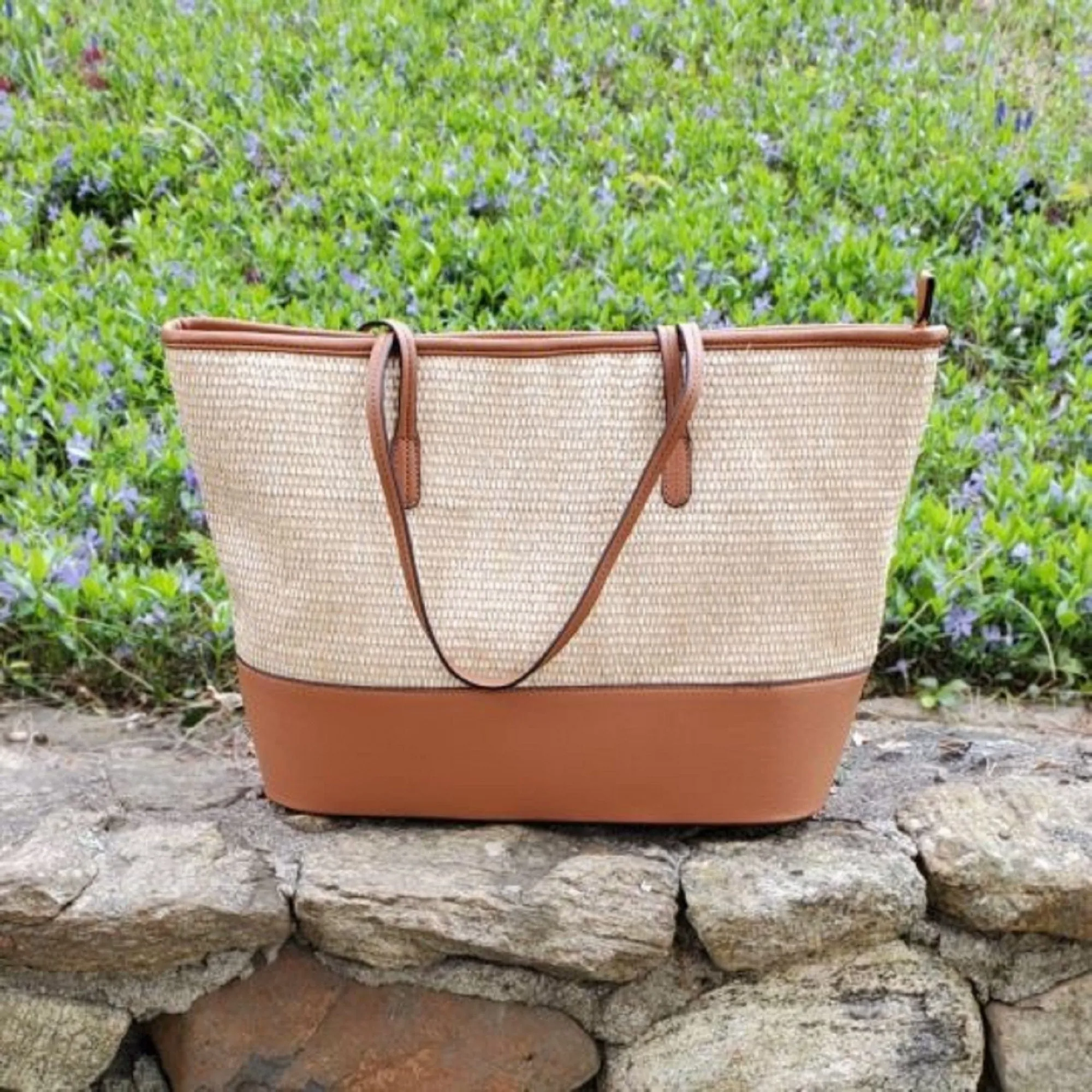 93130 Straw Shopper Tote With Vegan Leather Trim
