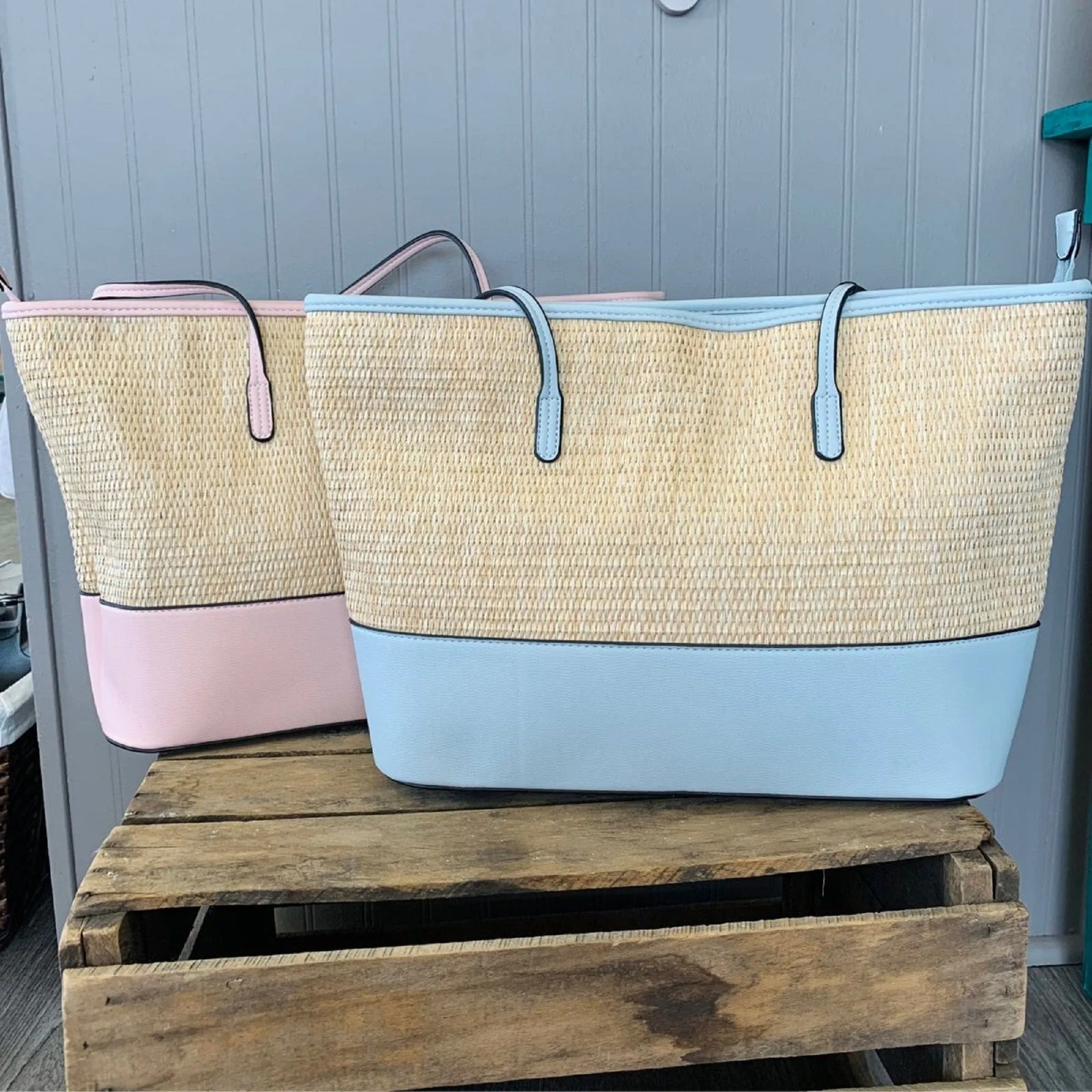 93130 Straw Shopper Tote With Vegan Leather Trim