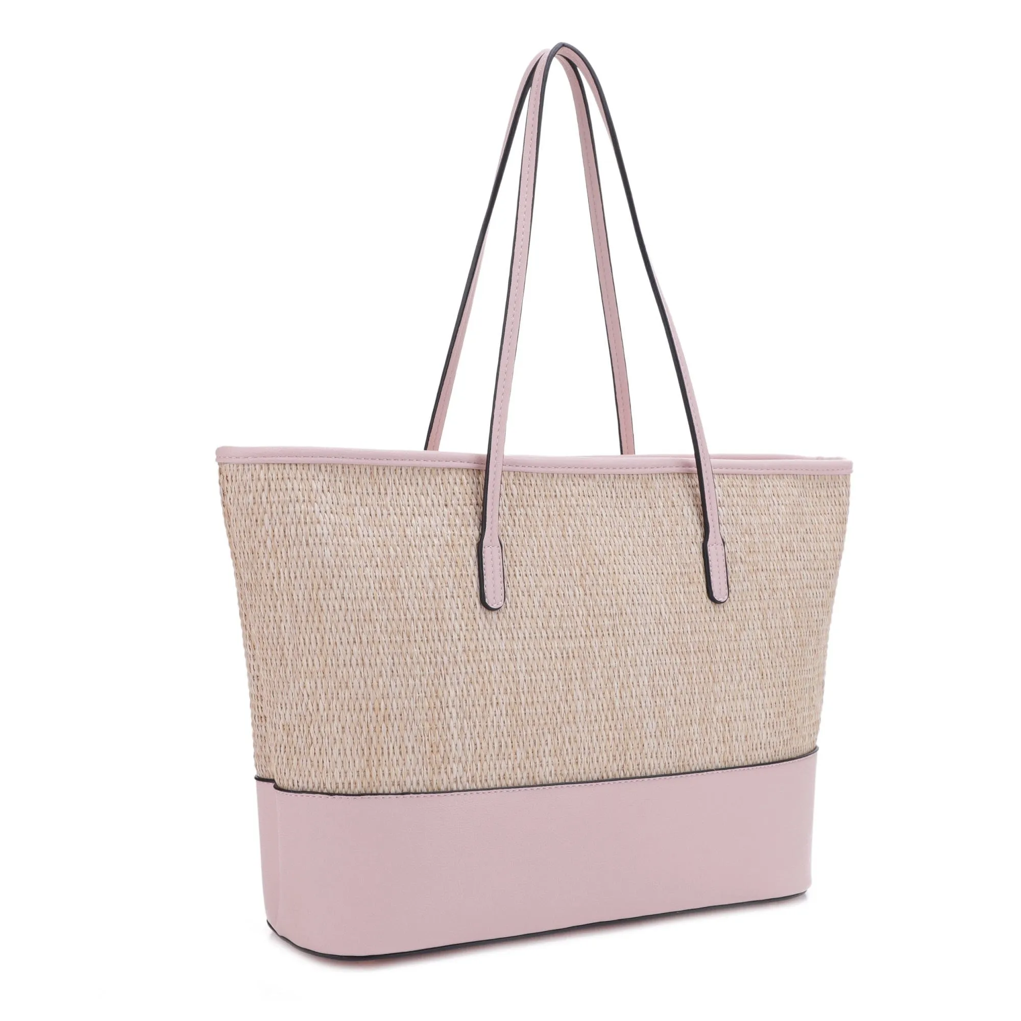 93130 Straw Shopper Tote With Vegan Leather Trim