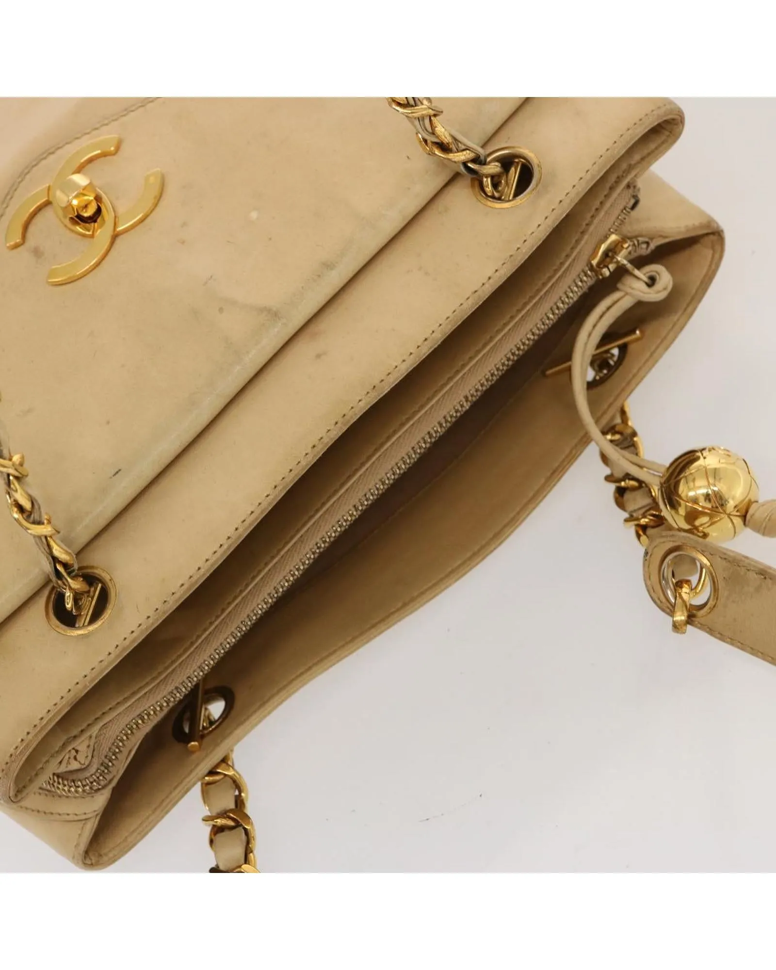 Authentic Chain Tote Bag in Beige Leather