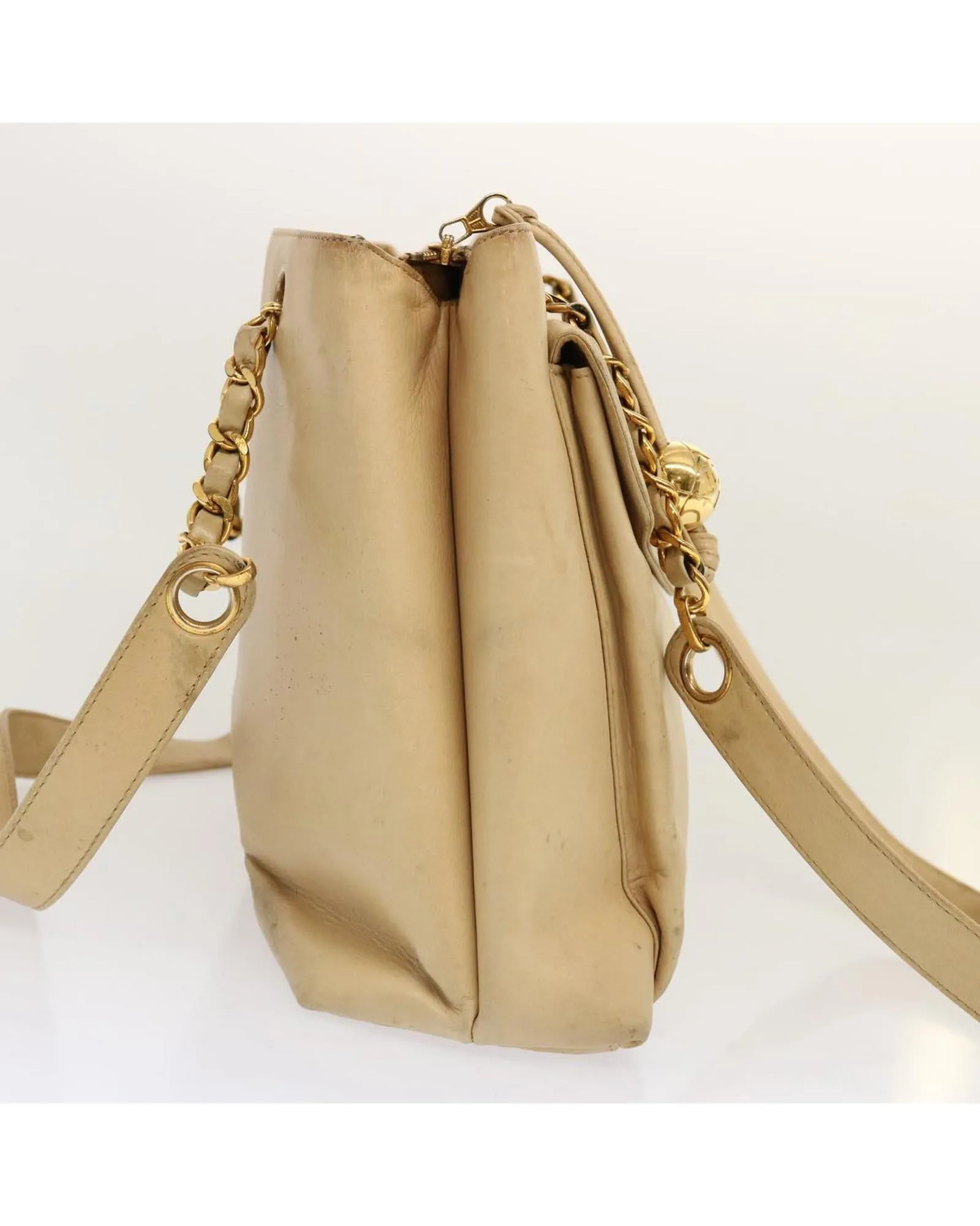Authentic Chain Tote Bag in Beige Leather