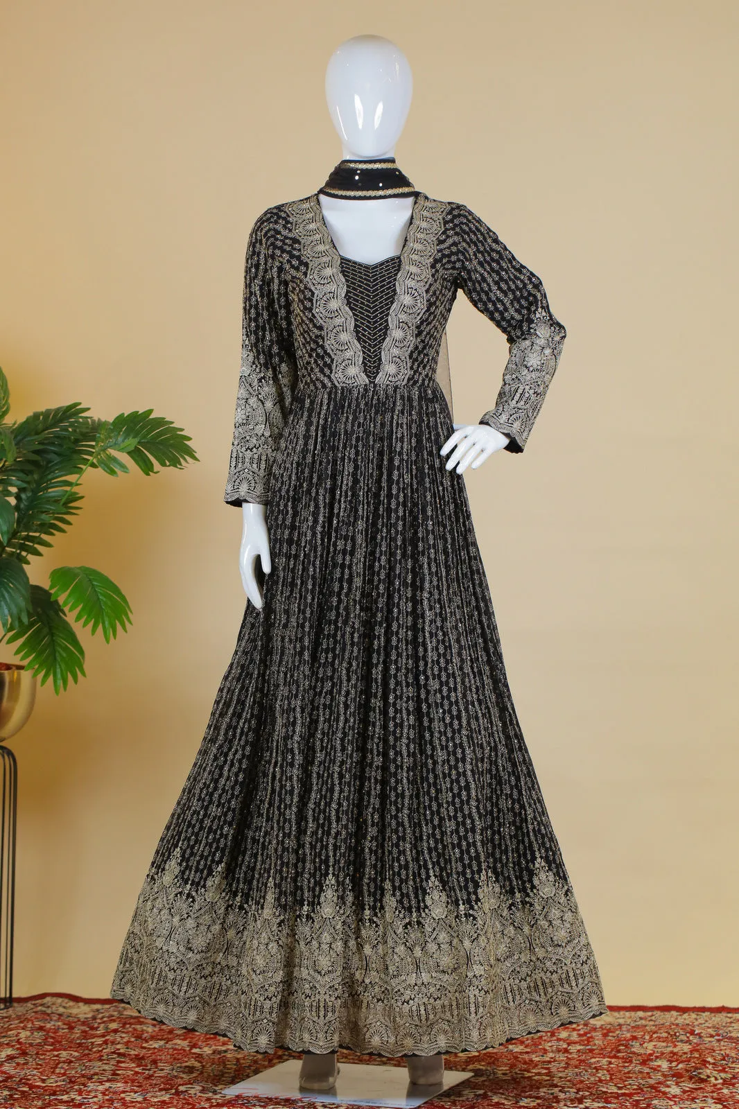 Black Stone and Zari work Floor Length Anarkali Suit