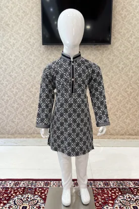 Black with White Lucknowi Thread work Kurta Set for Boys