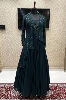 Bottle Green Sequins and Beads work Western Style Floor Length Anarkali Gown