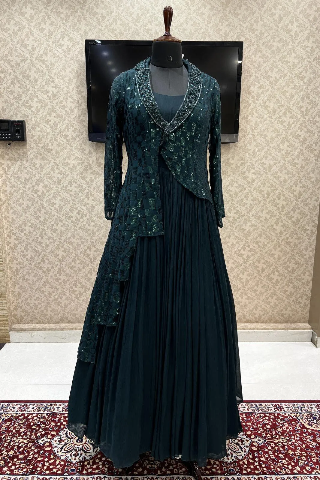 Bottle Green Sequins and Beads work Western Style Floor Length Anarkali Gown
