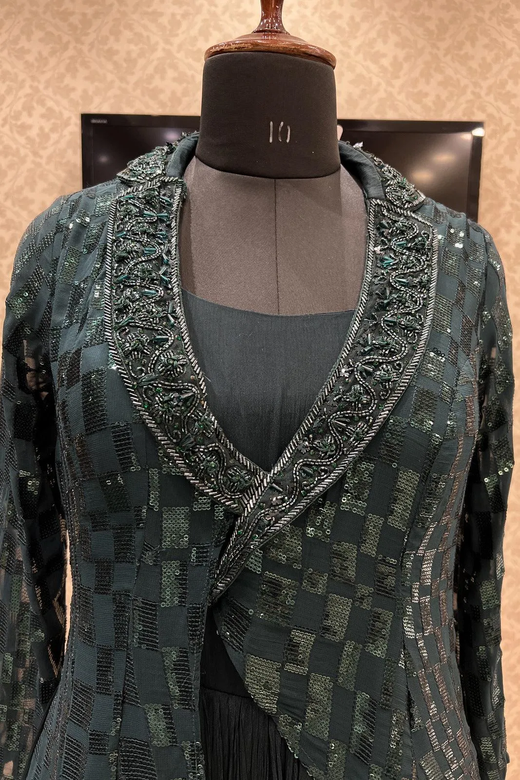 Bottle Green Sequins and Beads work Western Style Floor Length Anarkali Gown