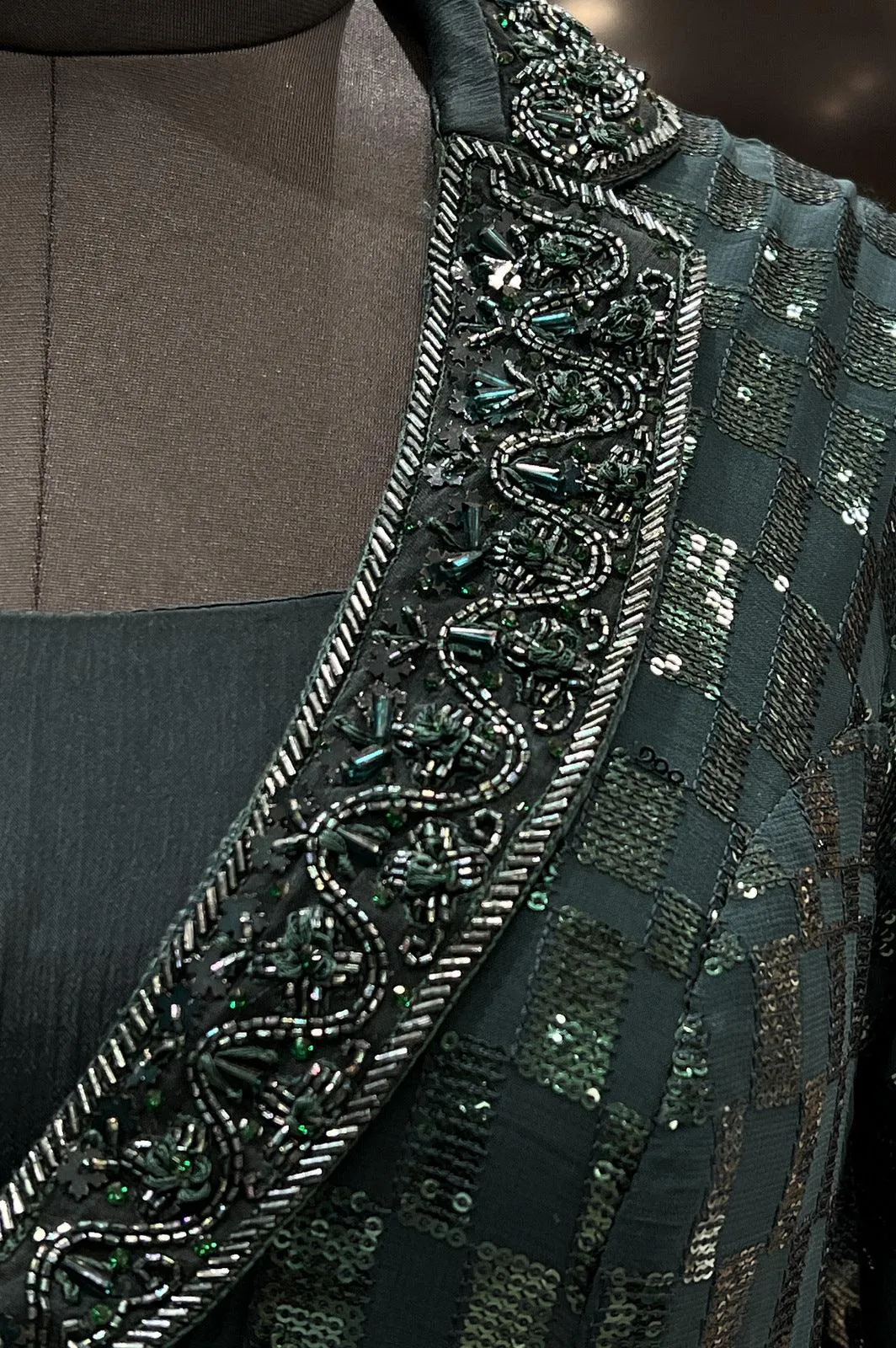 Bottle Green Sequins and Beads work Western Style Floor Length Anarkali Gown