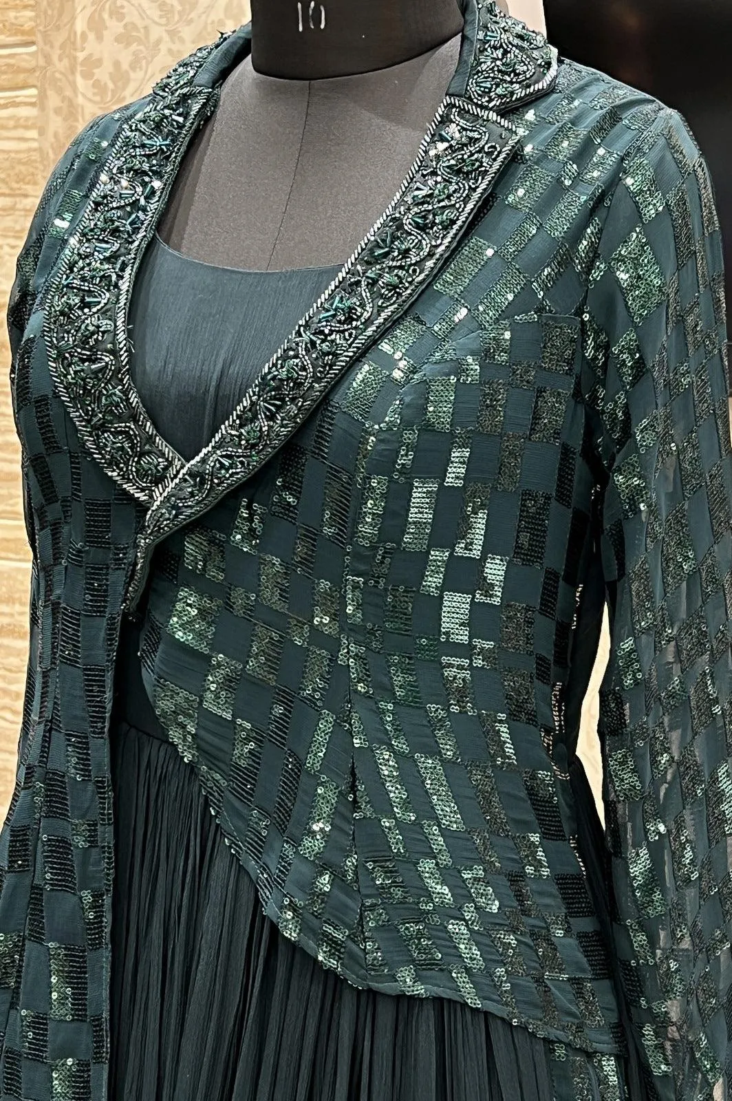 Bottle Green Sequins and Beads work Western Style Floor Length Anarkali Gown