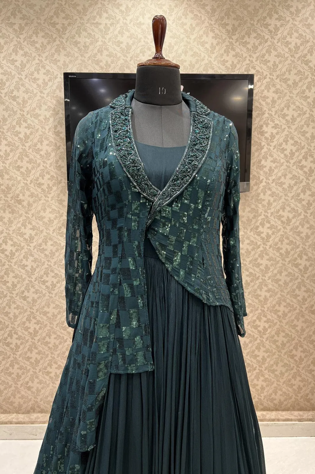 Bottle Green Sequins and Beads work Western Style Floor Length Anarkali Gown