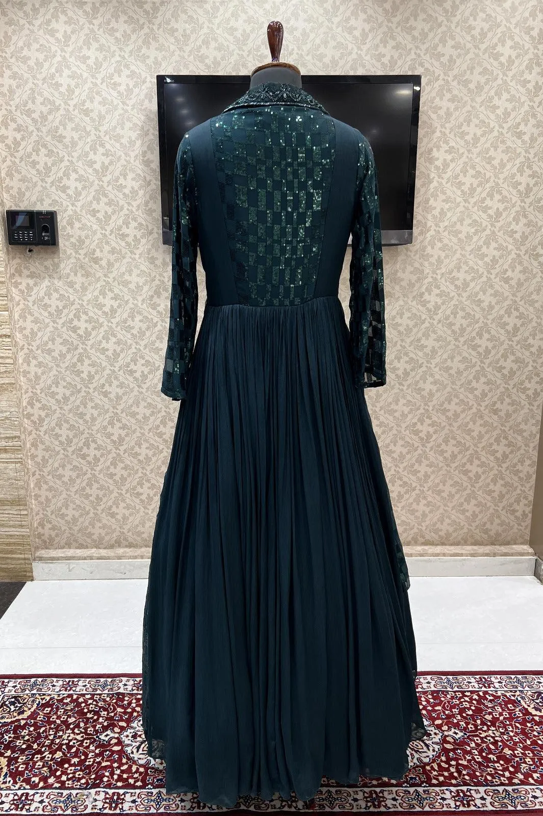 Bottle Green Sequins and Beads work Western Style Floor Length Anarkali Gown