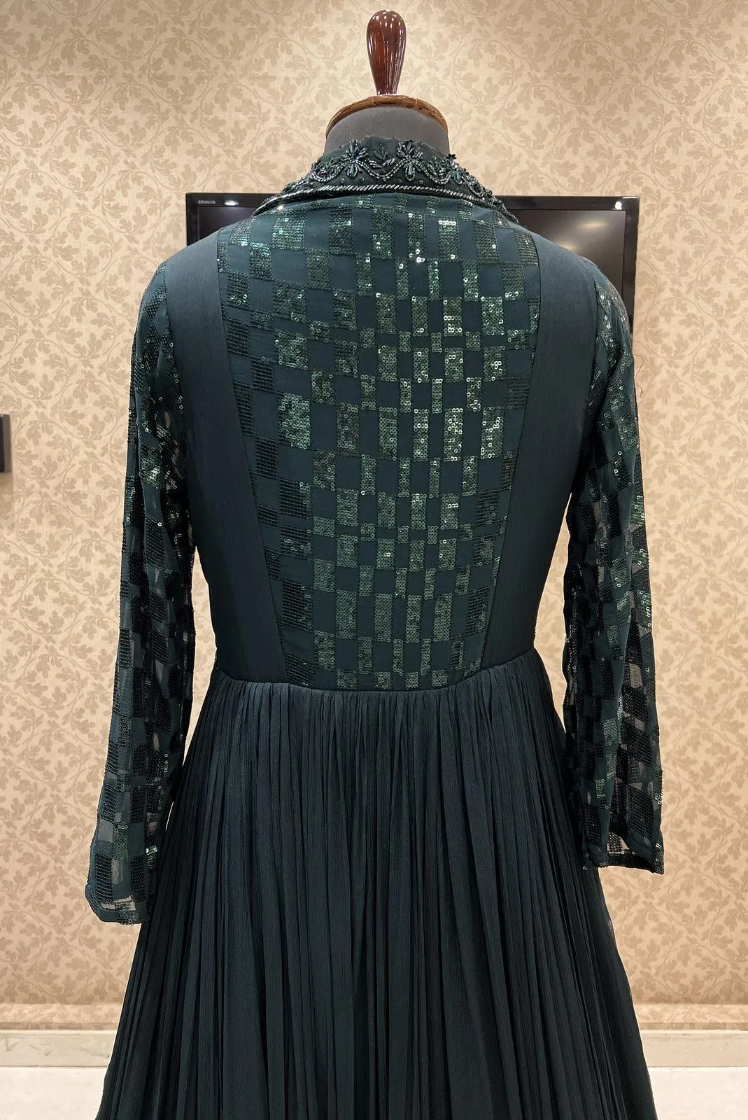 Bottle Green Sequins and Beads work Western Style Floor Length Anarkali Gown