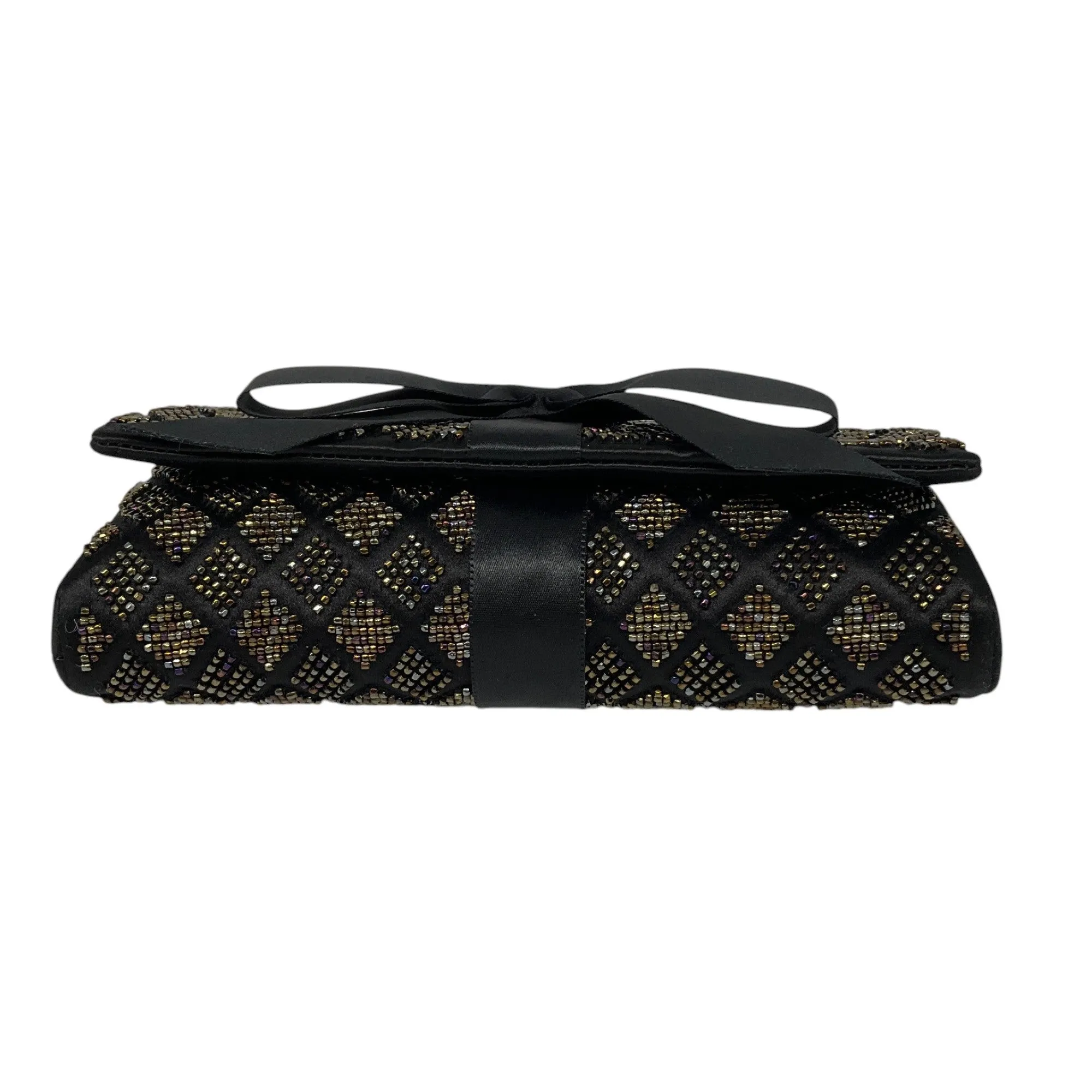 Chanel Black Beaded Ribbon Bow Satin Clutch Handbag