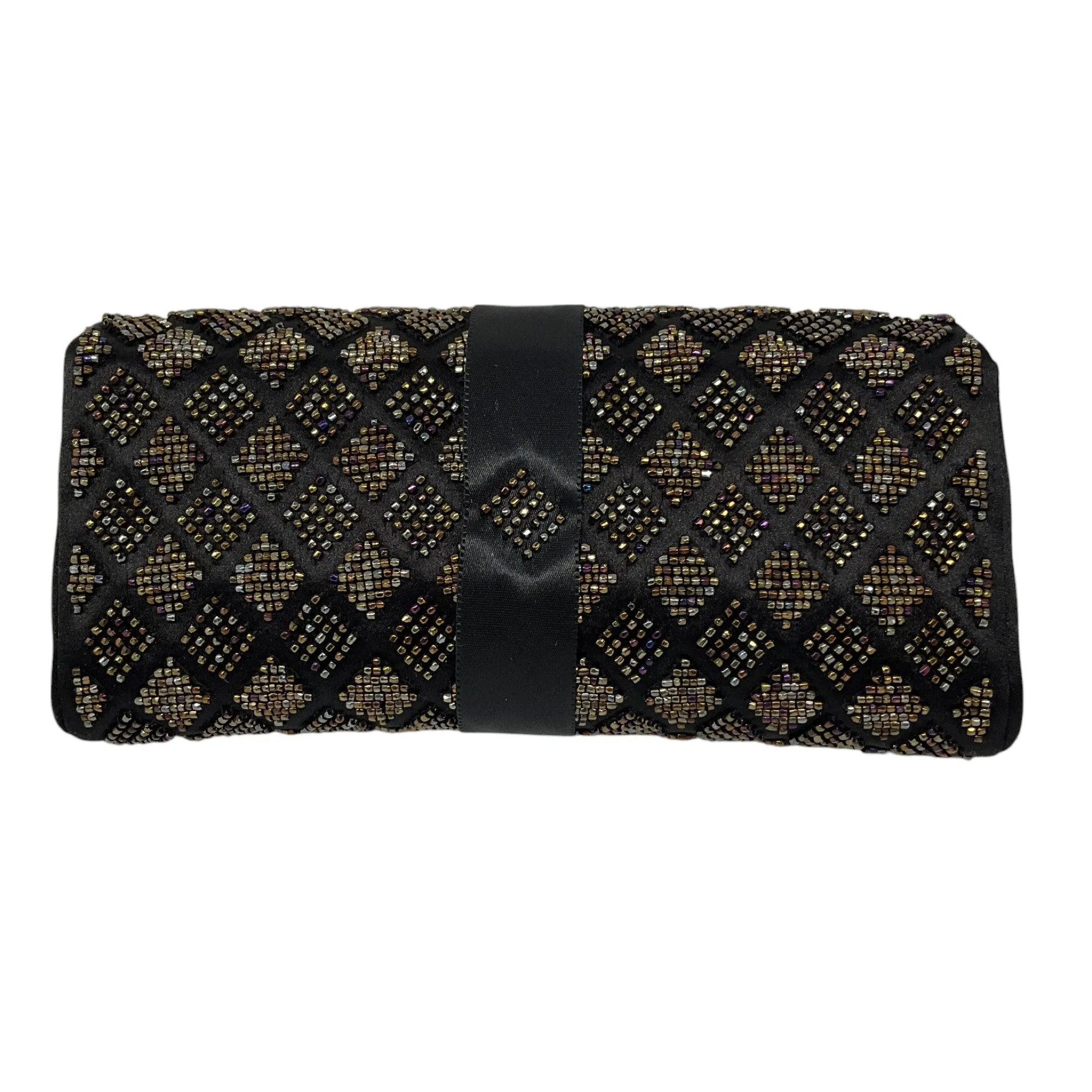 Chanel Black Beaded Ribbon Bow Satin Clutch Handbag