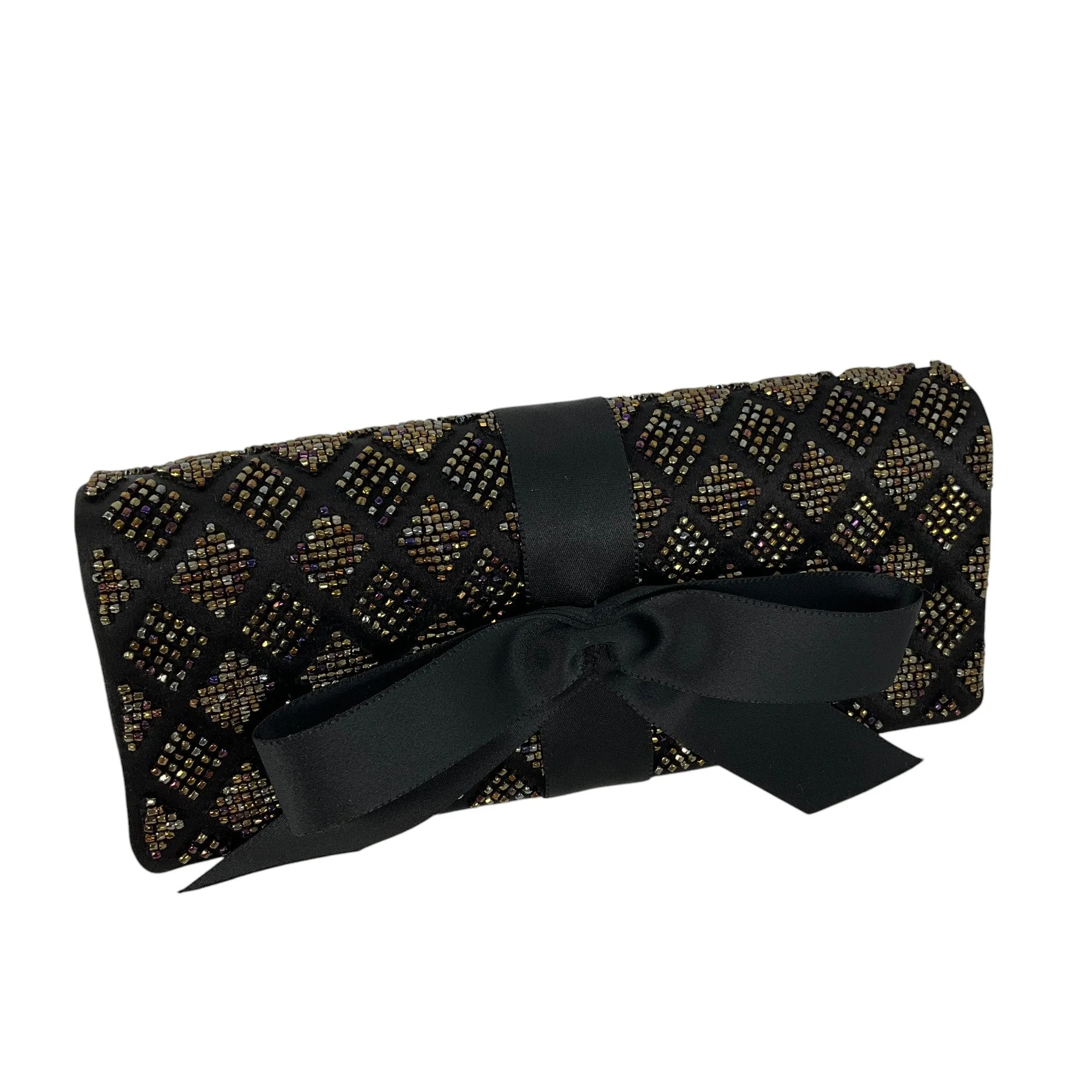 Chanel Black Beaded Ribbon Bow Satin Clutch Handbag