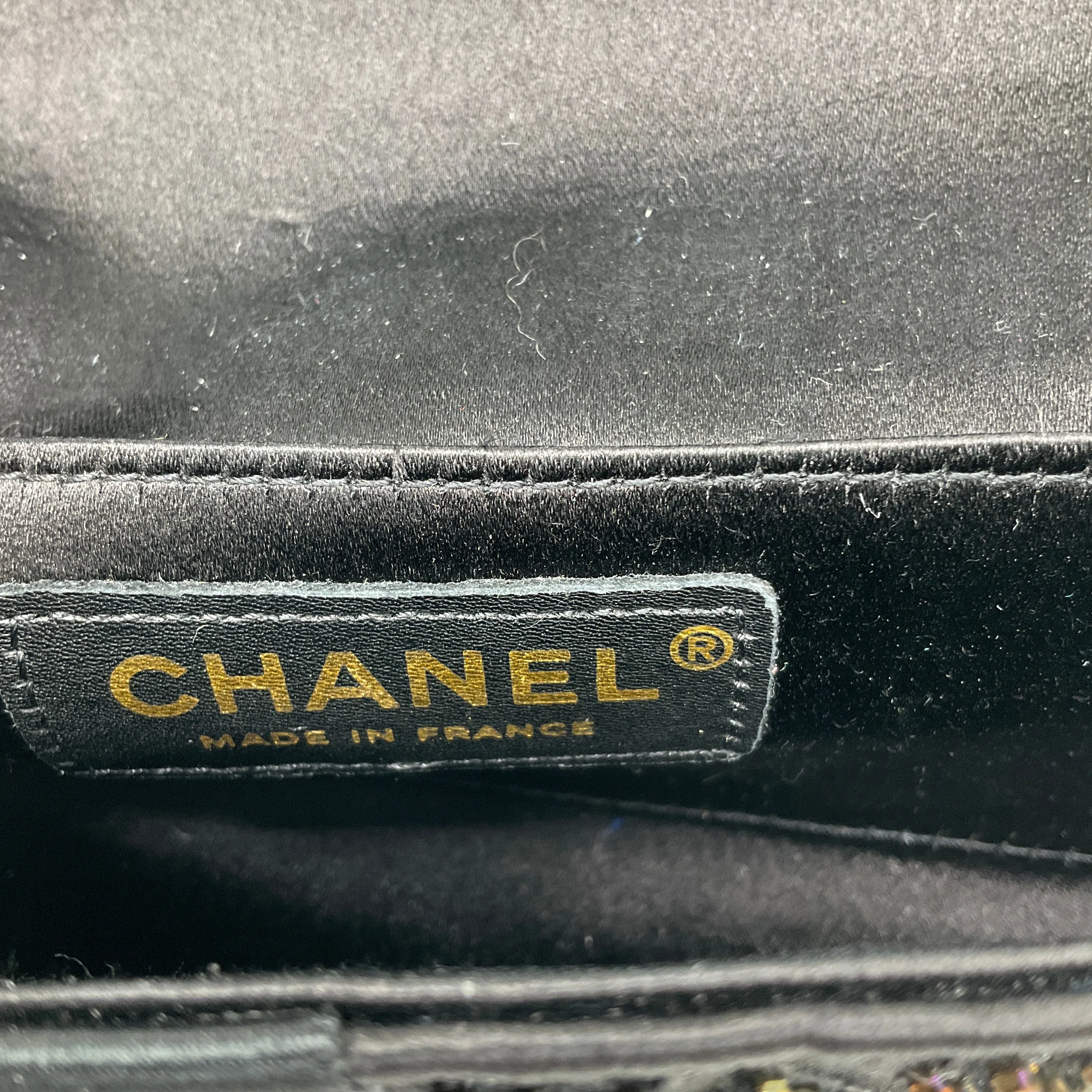Chanel Black Beaded Ribbon Bow Satin Clutch Handbag