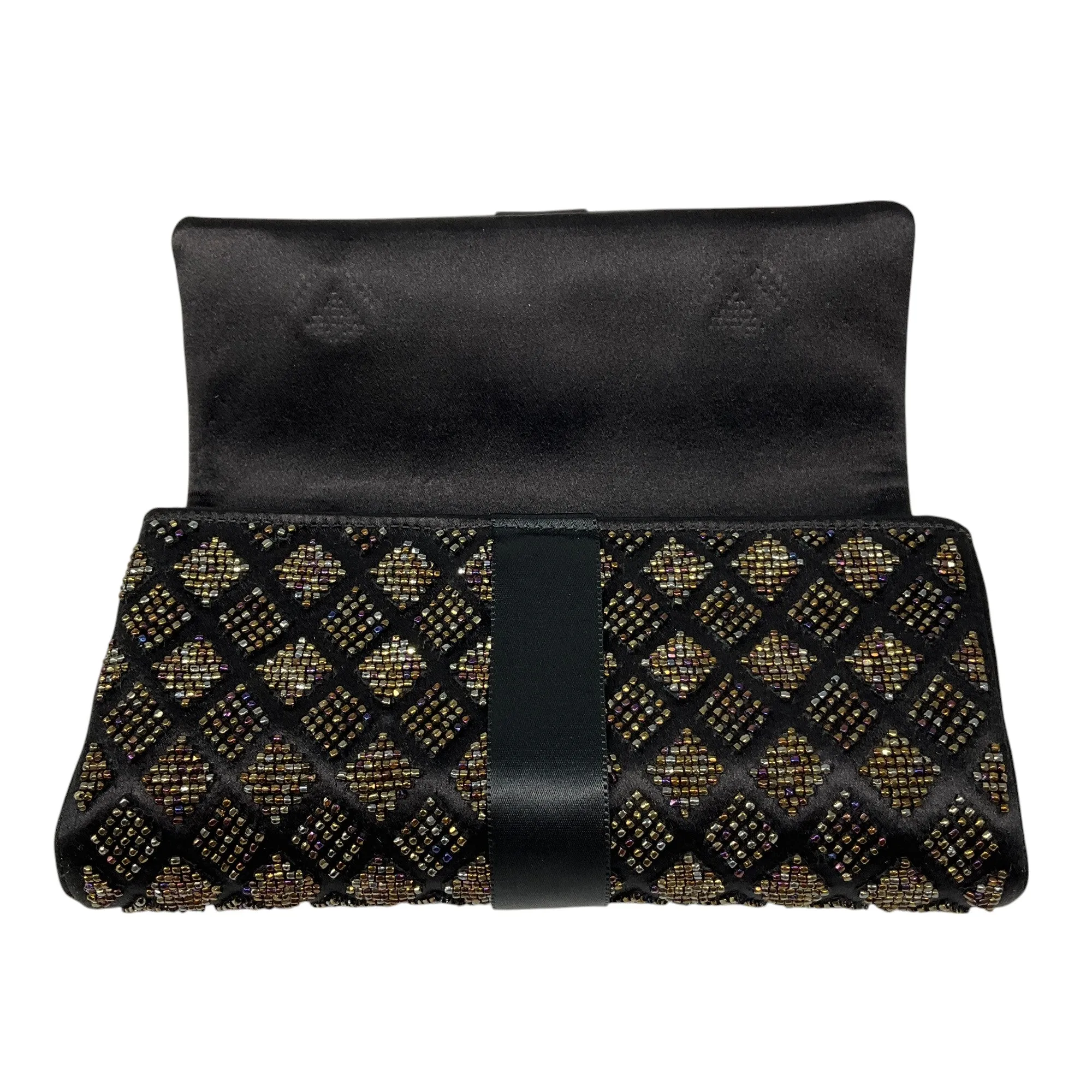 Chanel Black Beaded Ribbon Bow Satin Clutch Handbag