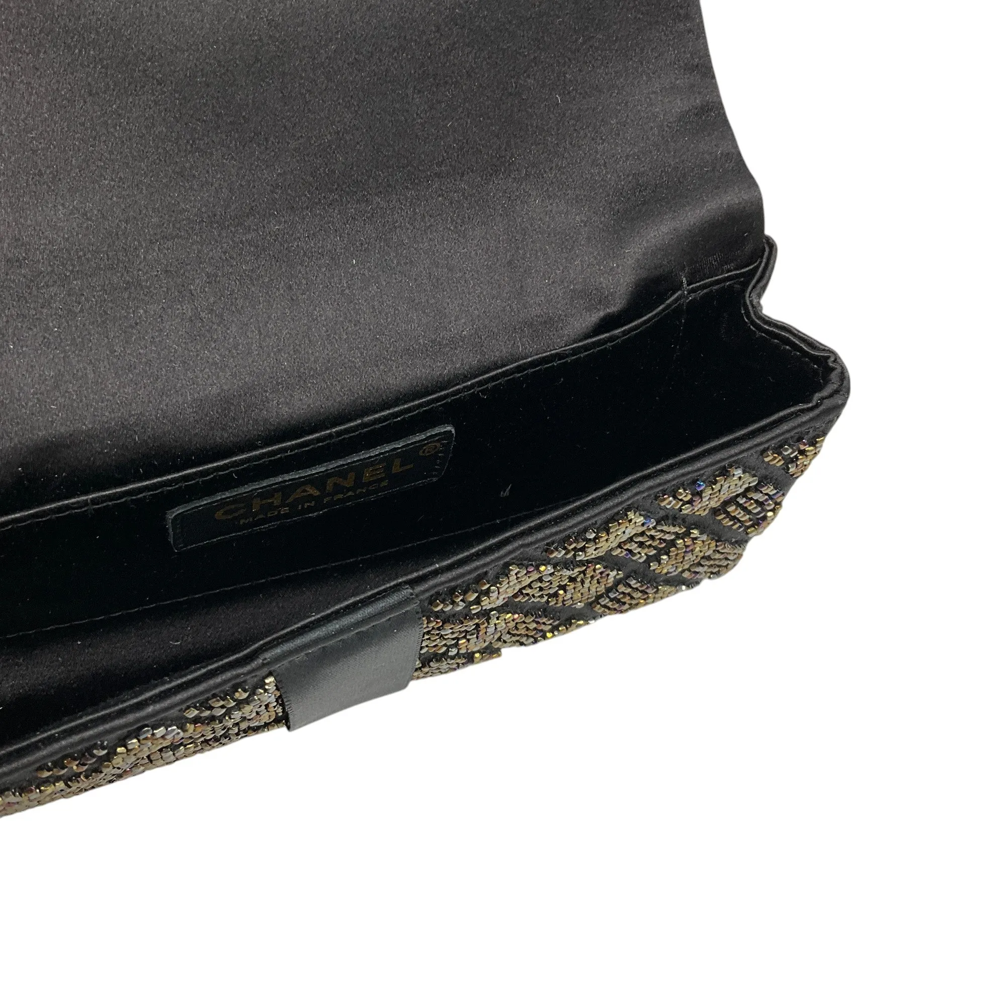 Chanel Black Beaded Ribbon Bow Satin Clutch Handbag
