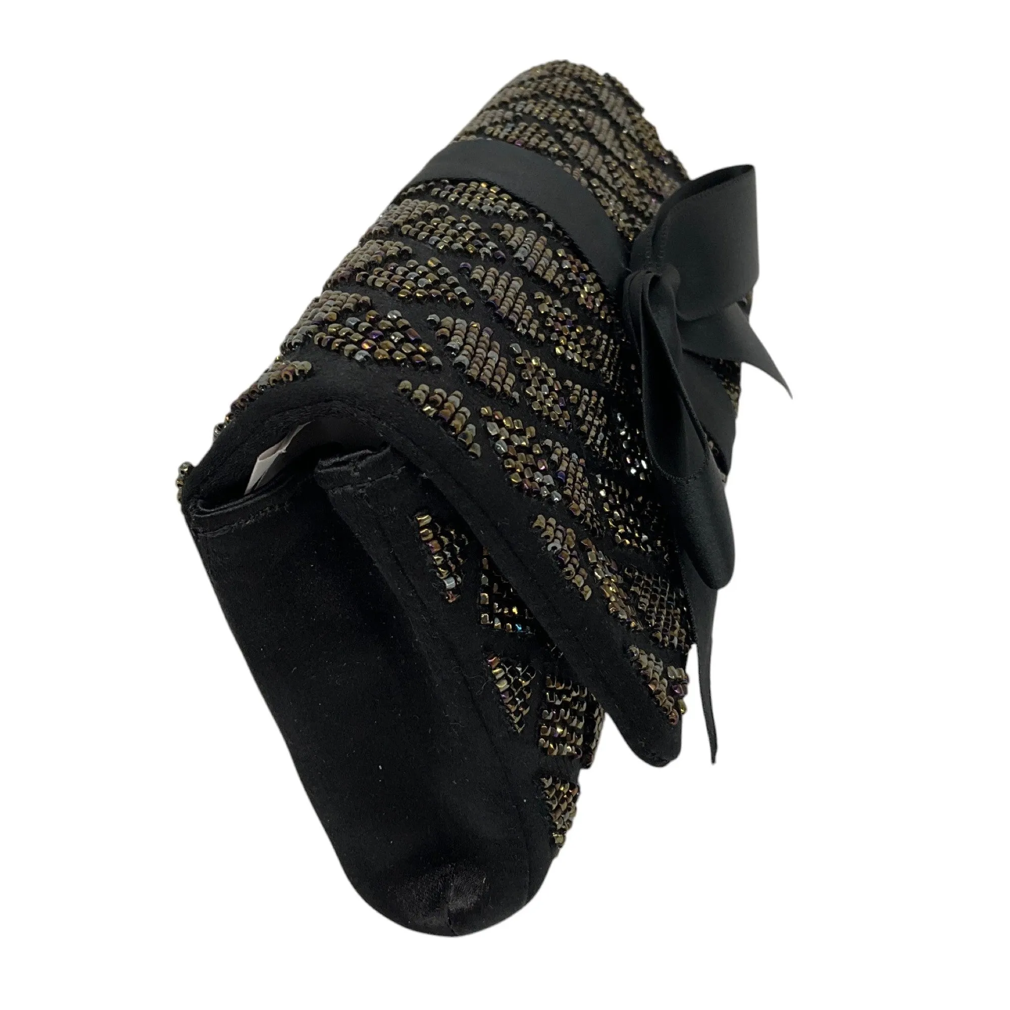 Chanel Black Beaded Ribbon Bow Satin Clutch Handbag