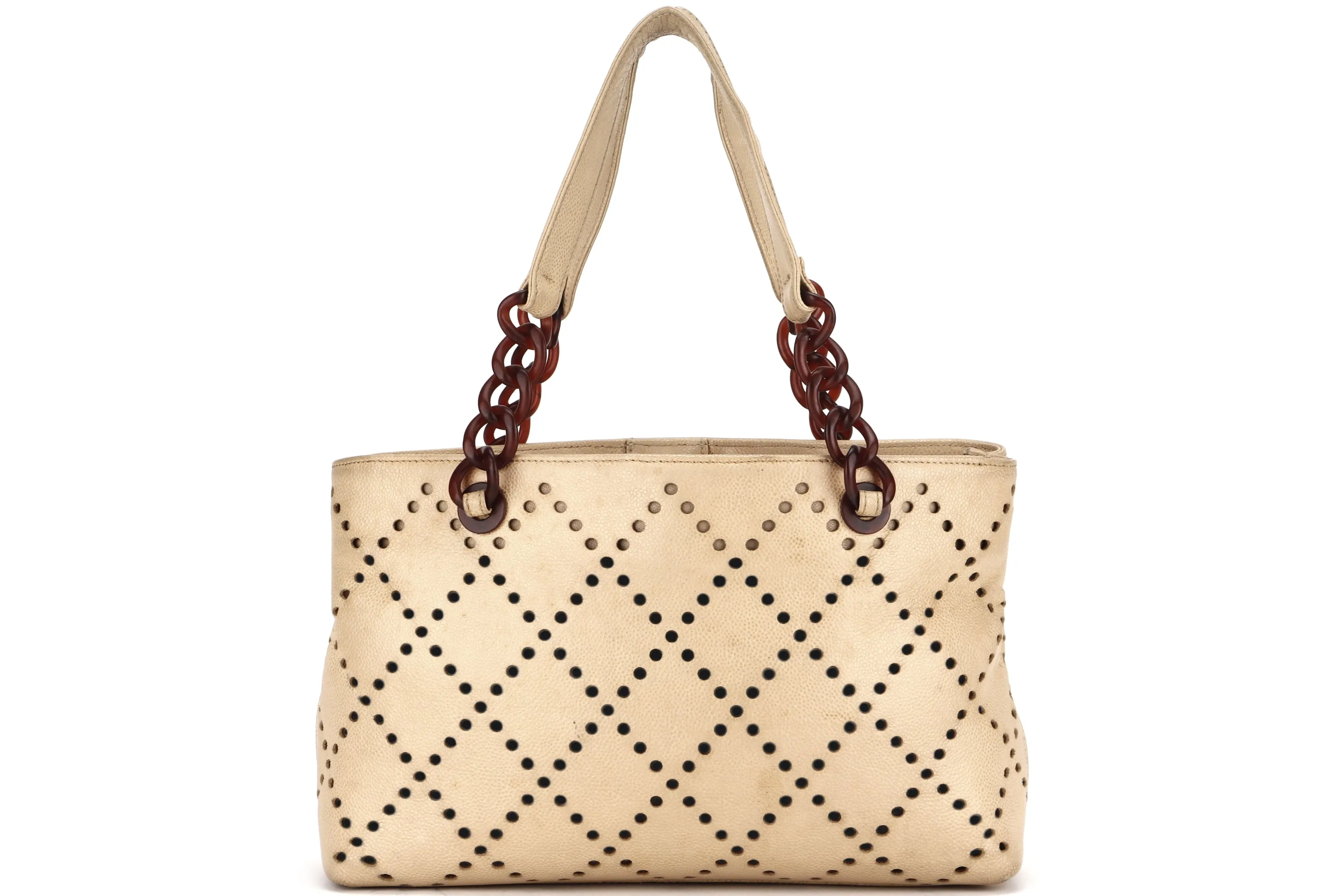 CHANEL TOTE BAG (875xxxx) BEIGE CAVIAR LEATHER, BROWN RESIN, GOLD HARDWARE, NO CARD & DUST COVER