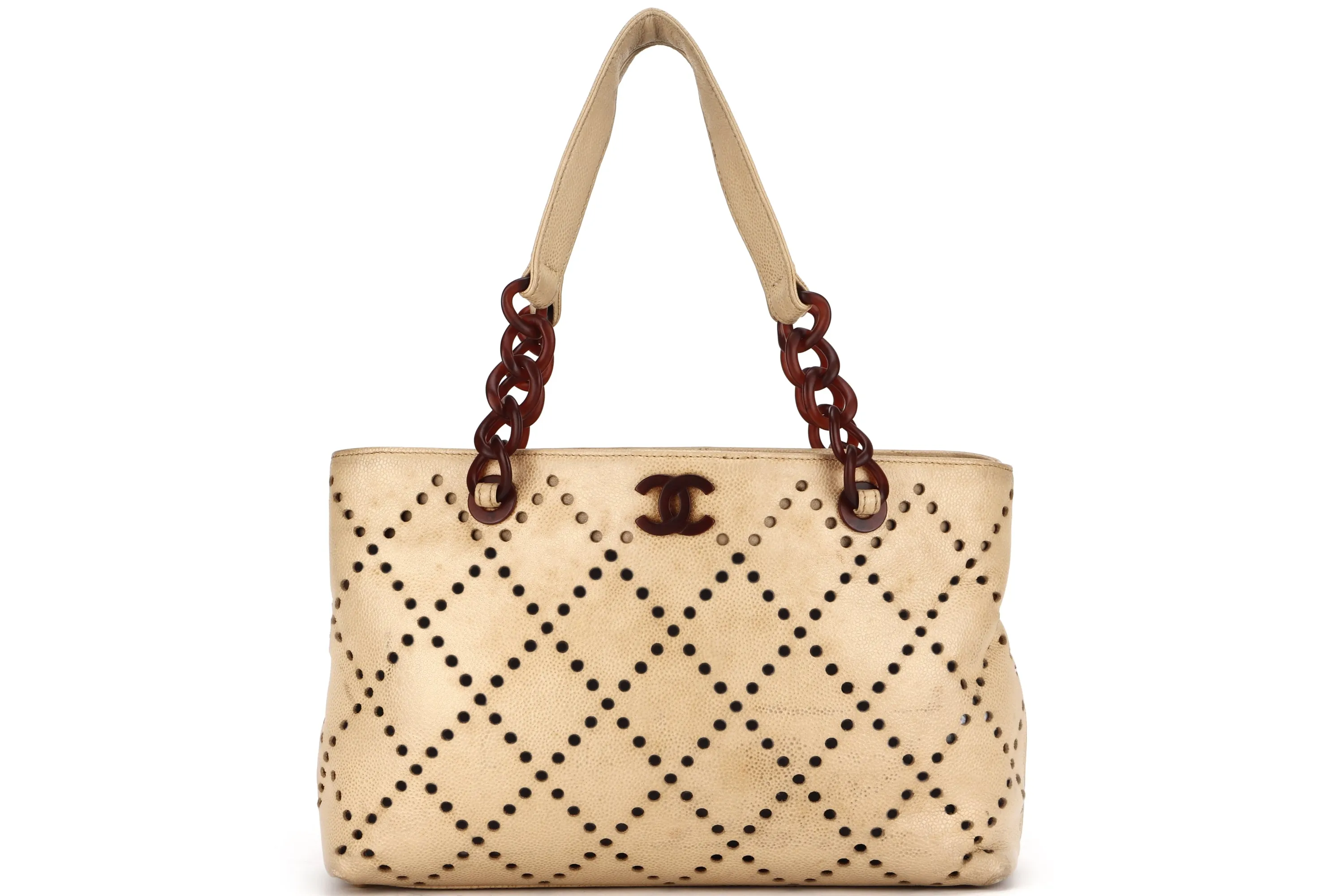CHANEL TOTE BAG (875xxxx) BEIGE CAVIAR LEATHER, BROWN RESIN, GOLD HARDWARE, NO CARD & DUST COVER