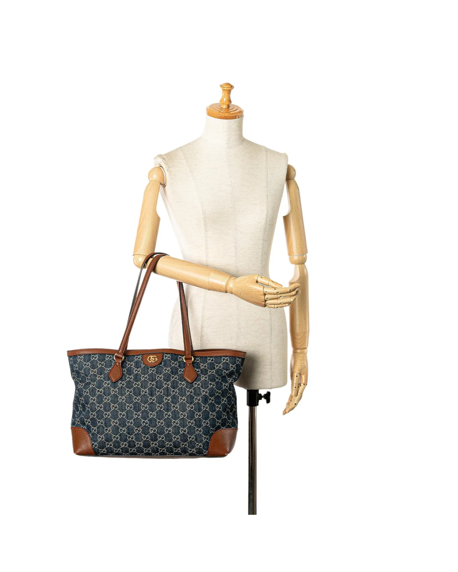 Denim and Leather Tote Bag with Interior Pockets