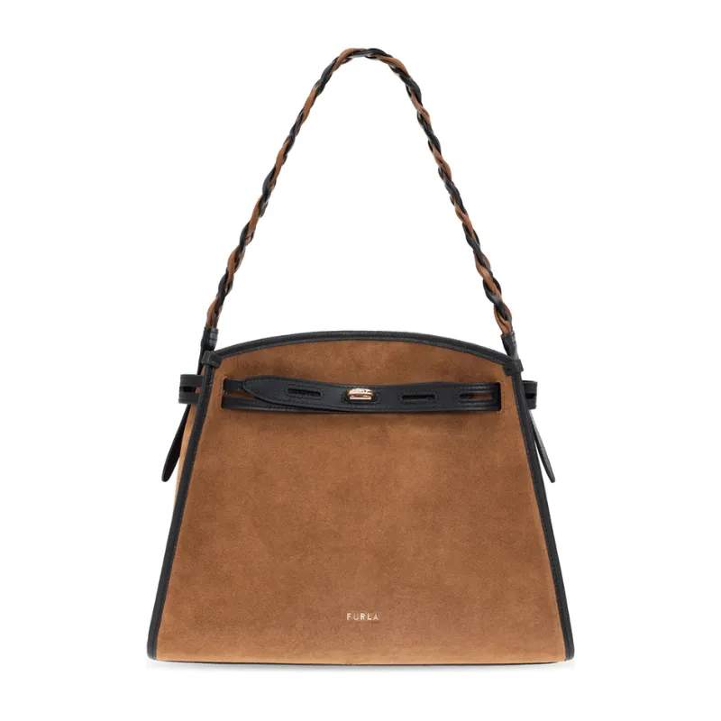 Furla Margherita Suede Medium Shoulder Bag - Cognac   Nero