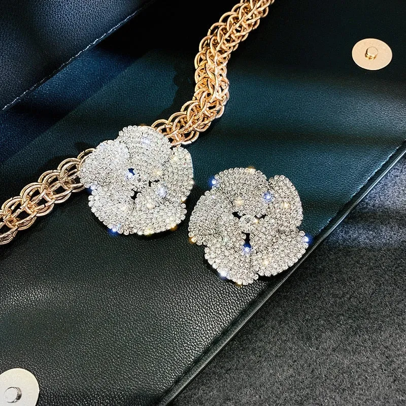 FYUAN Full Rhinestone Crystal Stud Earrings for Women Oversize Flower Crystal Earrings Party Weddings Jewelry Gifts