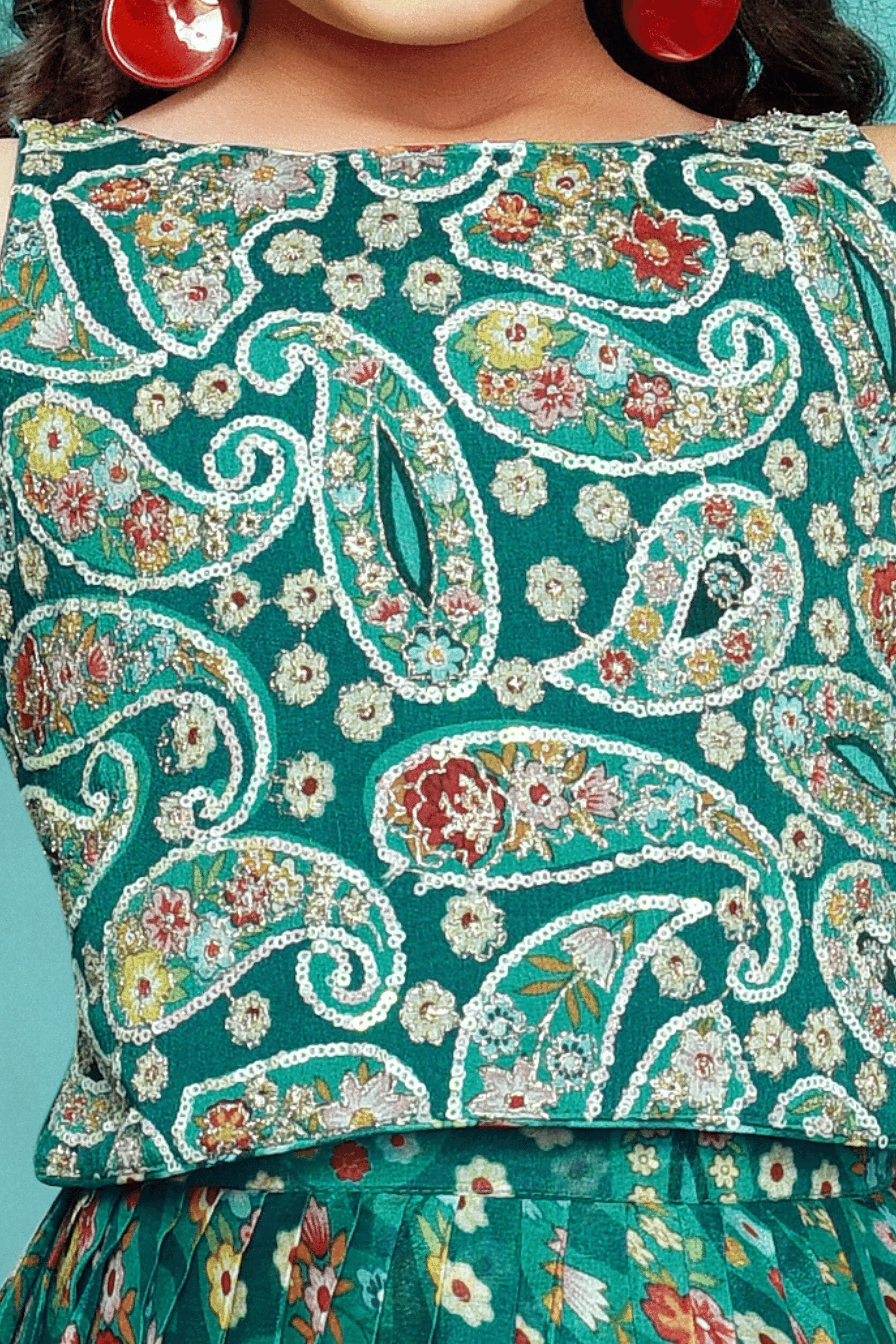 Green Floral Print, Sequins and Zari work Lehenga Choli for Girls