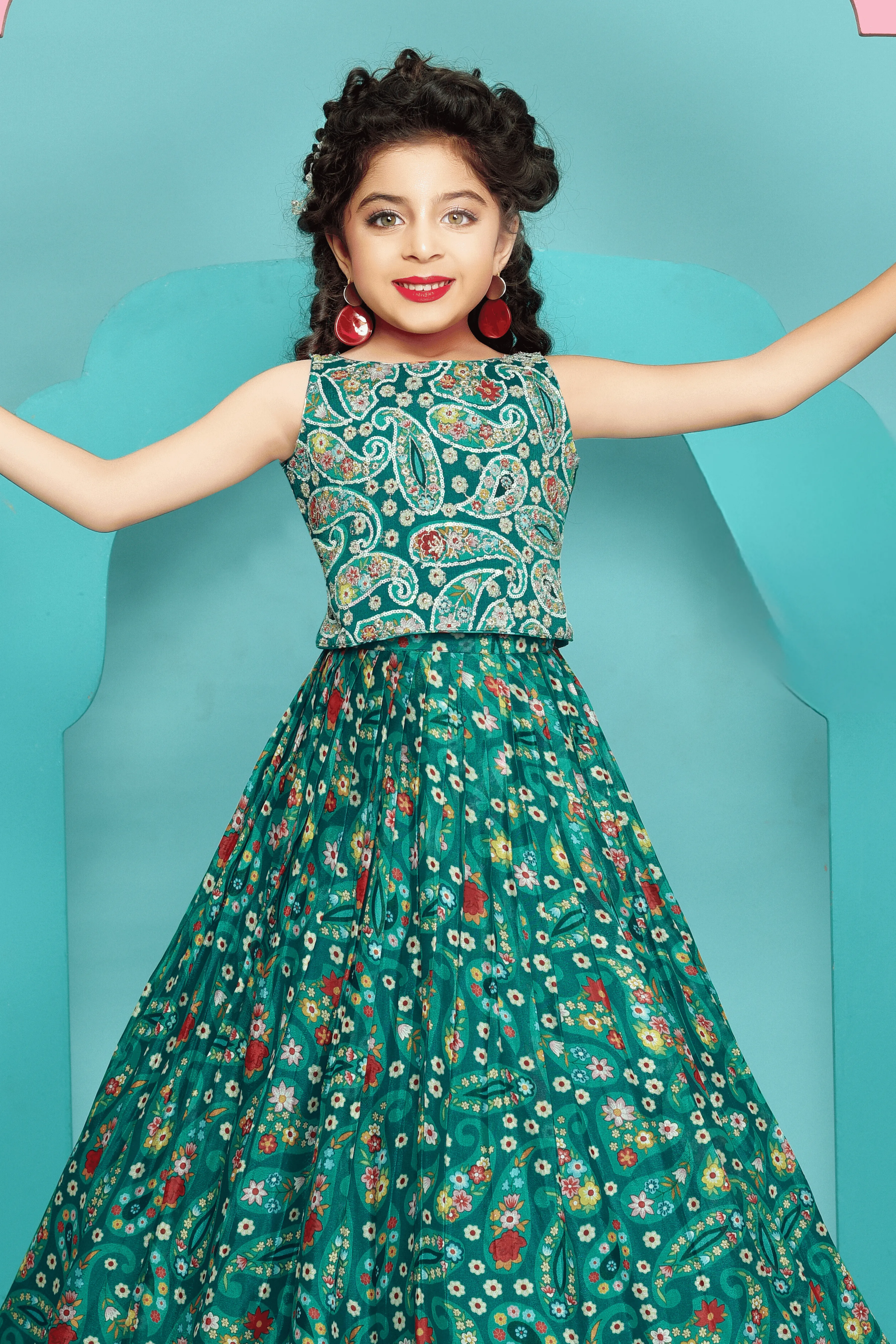 Green Floral Print, Sequins and Zari work Lehenga Choli for Girls