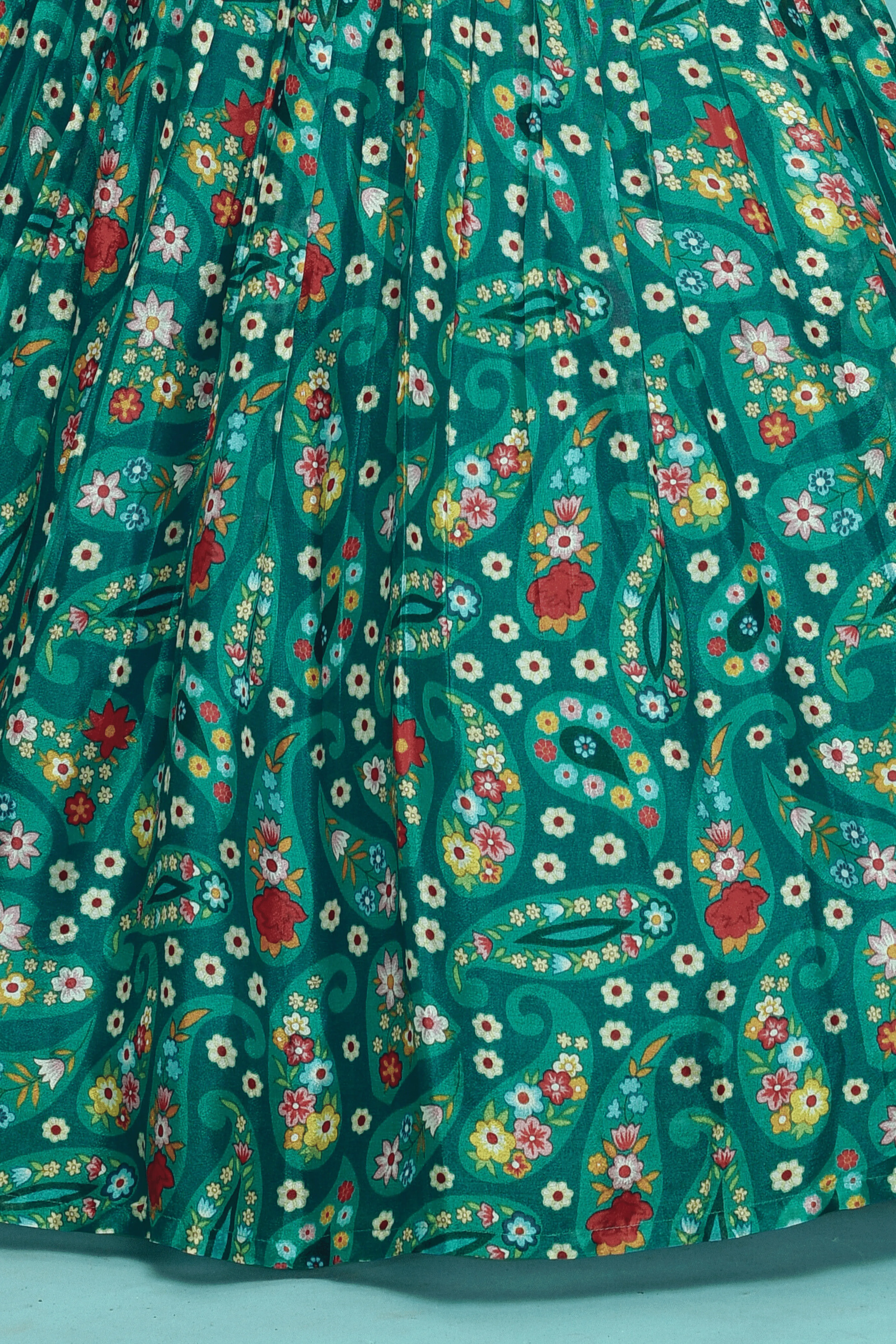 Green Floral Print, Sequins and Zari work Lehenga Choli for Girls