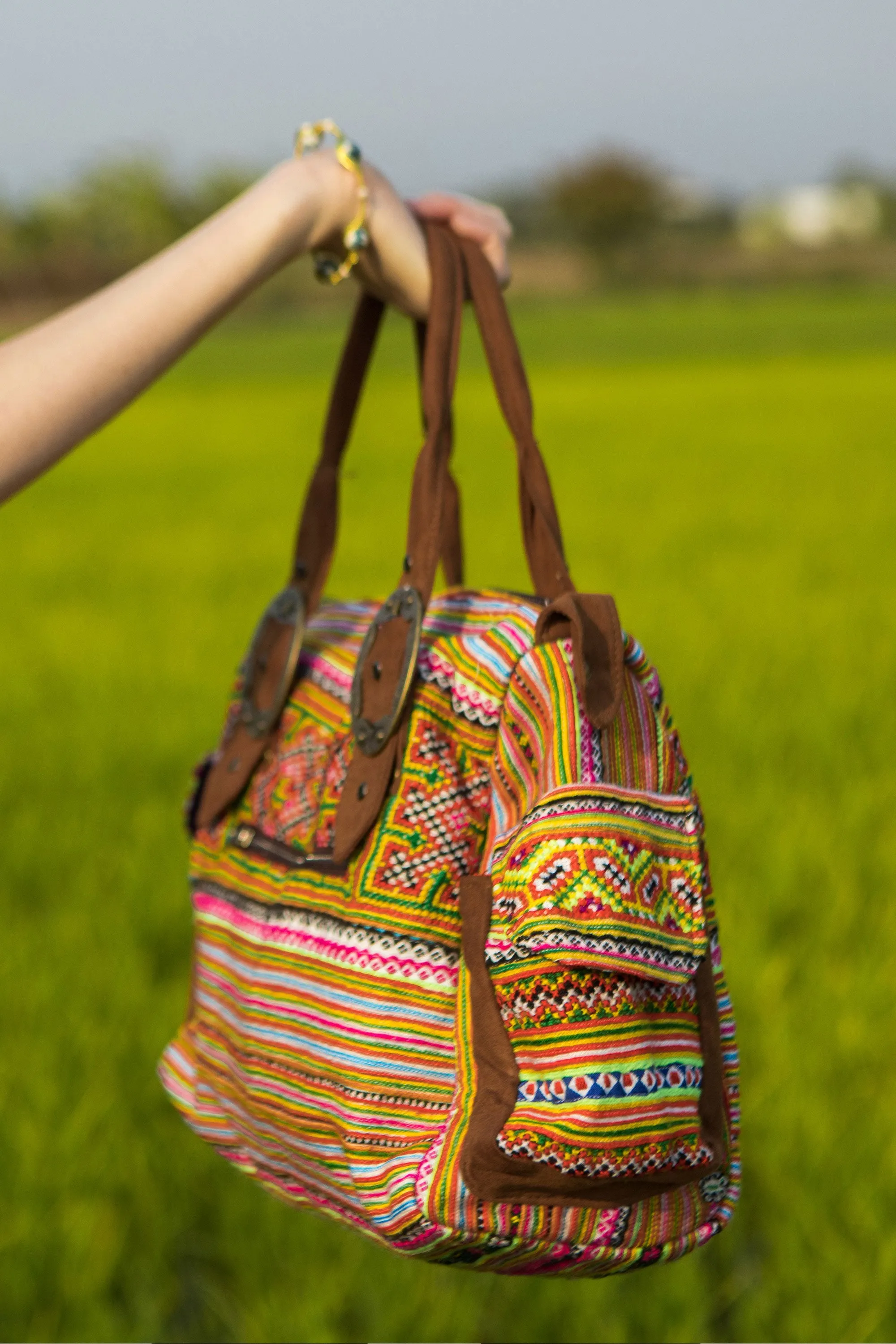 Hmong Hill Tribe Classic Embroidered Handbag with Brass Buckles