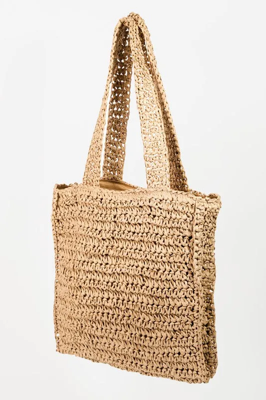 Ivory Floral Straw Braided Woven Pattern Tote Bag