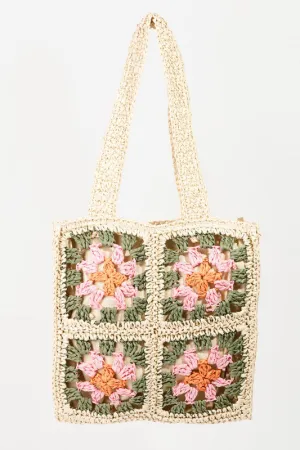 Ivory Floral Straw Braided Woven Pattern Tote Bag