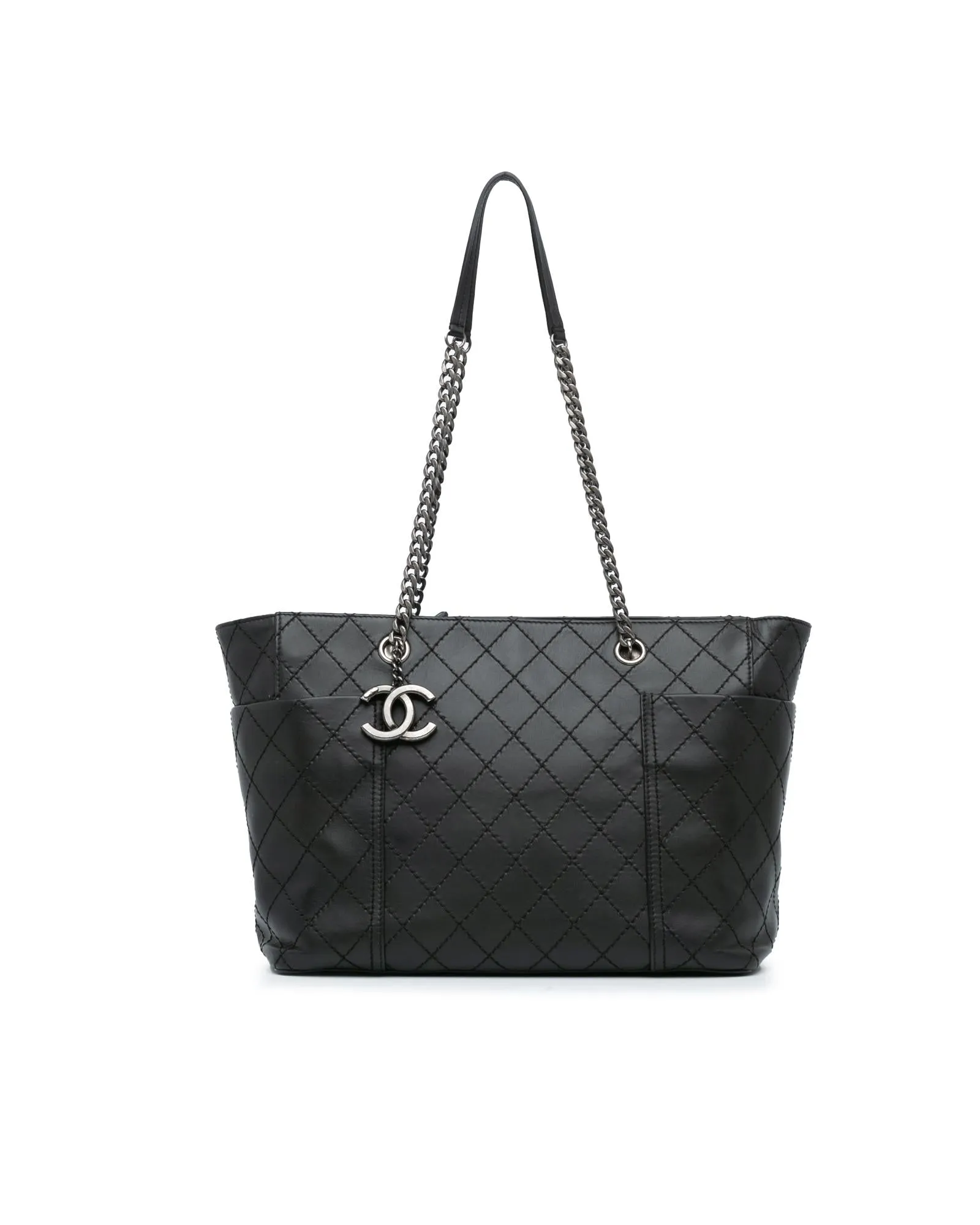 Medium Stitched Calfskin Pocket Zipped Chain Tote with Leather Shoulder Guard