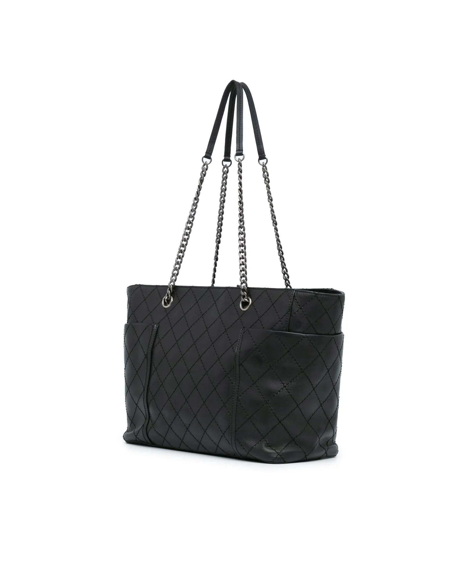 Medium Stitched Calfskin Pocket Zipped Chain Tote with Leather Shoulder Guard