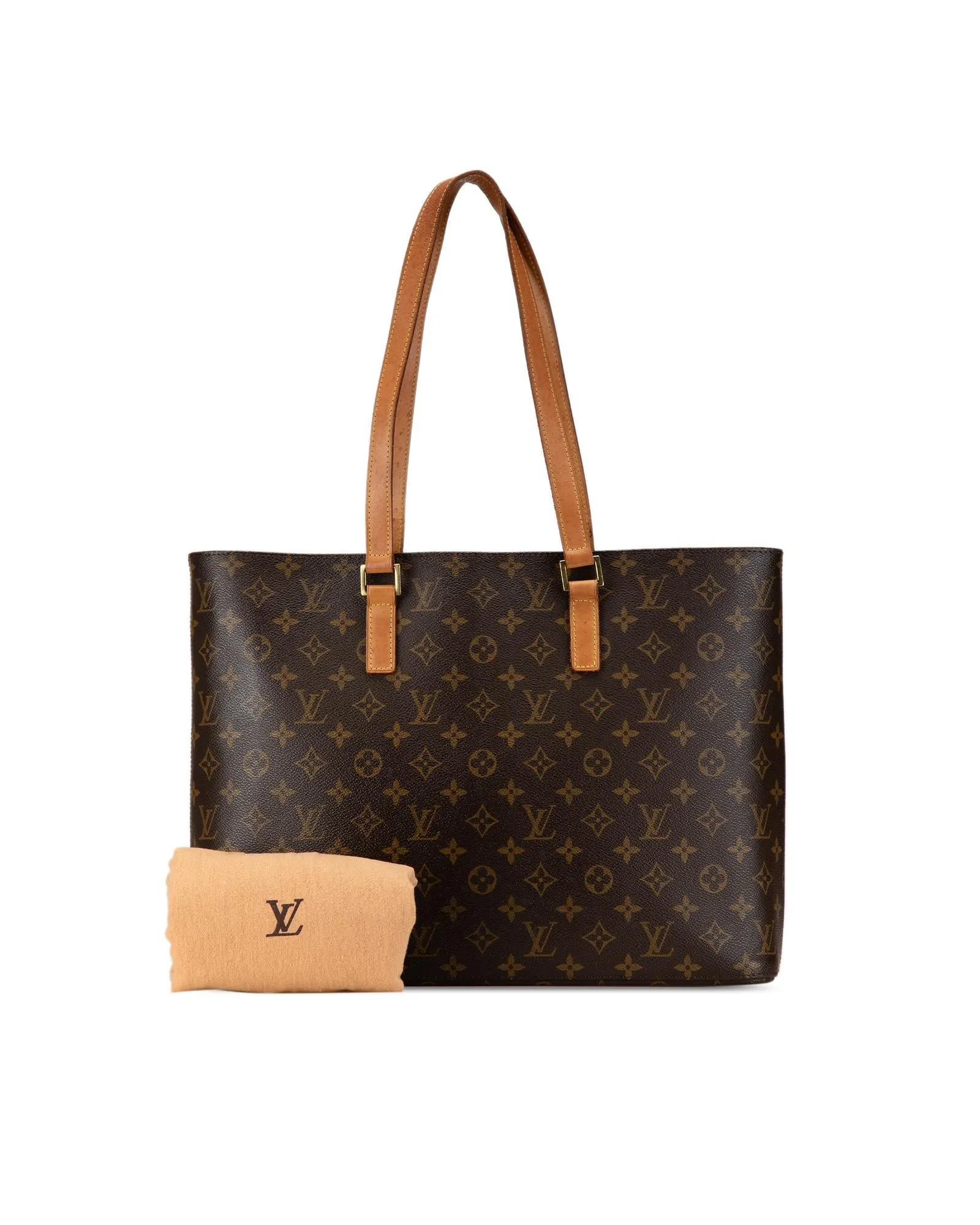 Monogram Canvas Tote with Leather Straps and Multiple Pockets
