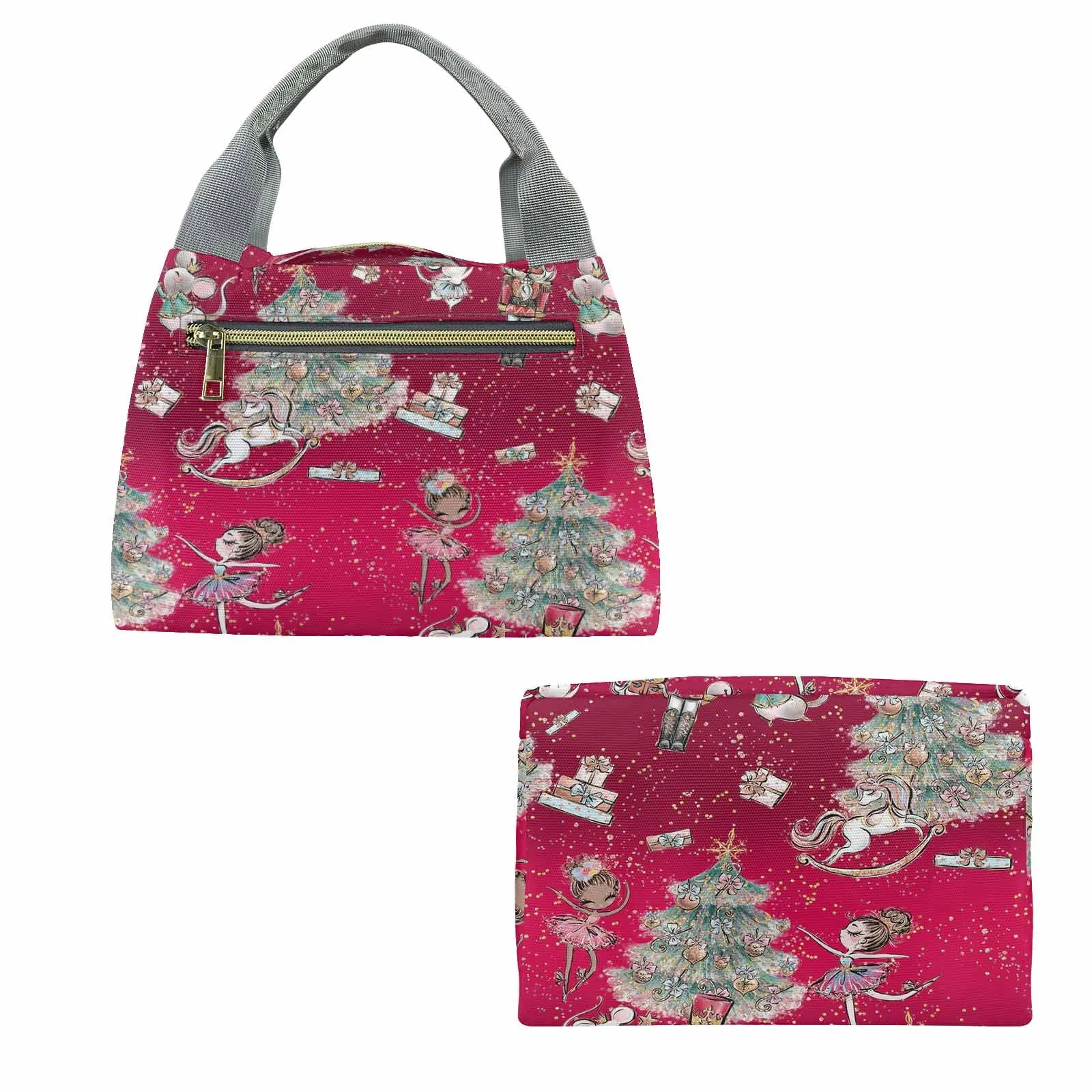 Red Christmas  Portable Lunch Bag-Grey Handle