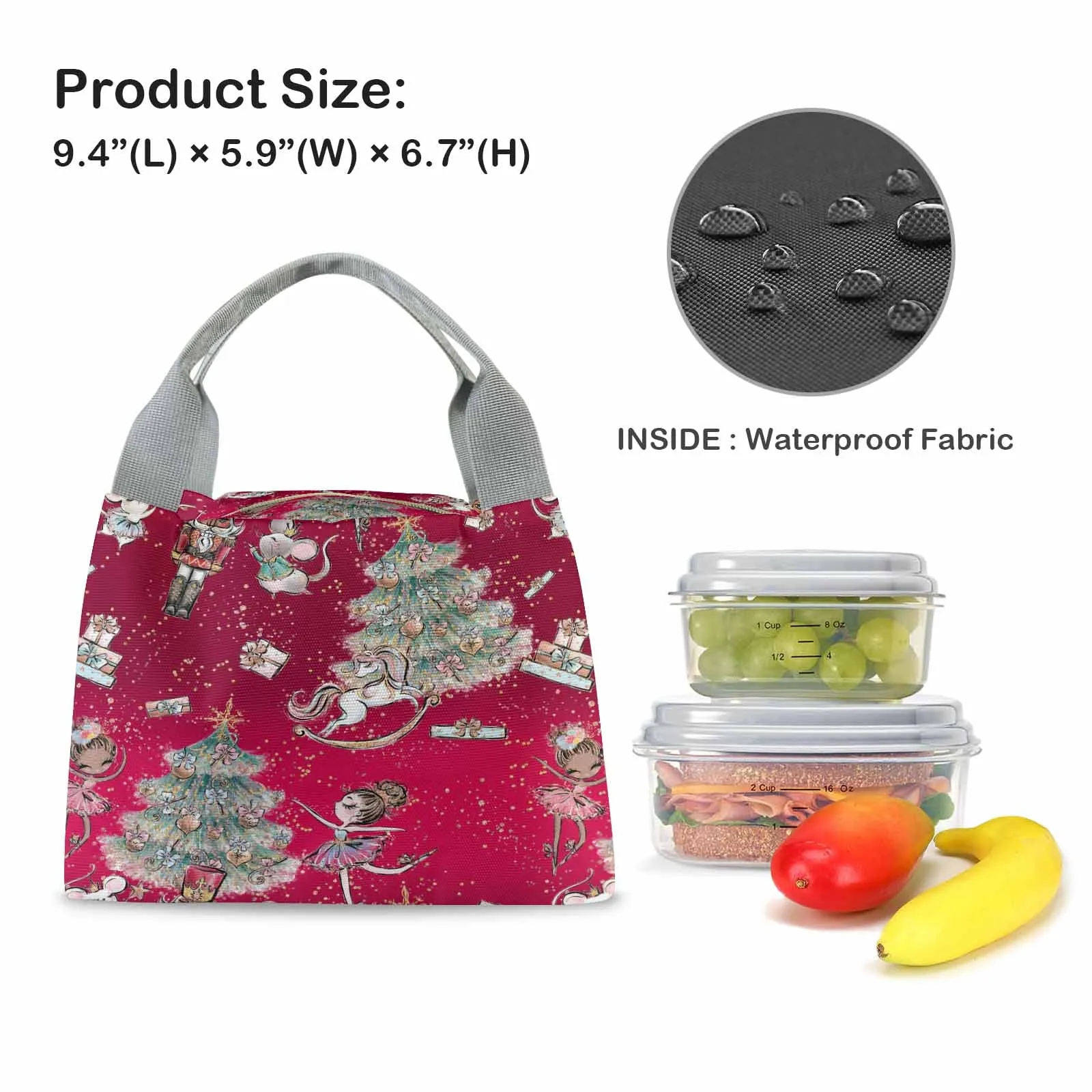 Red Christmas  Portable Lunch Bag-Grey Handle