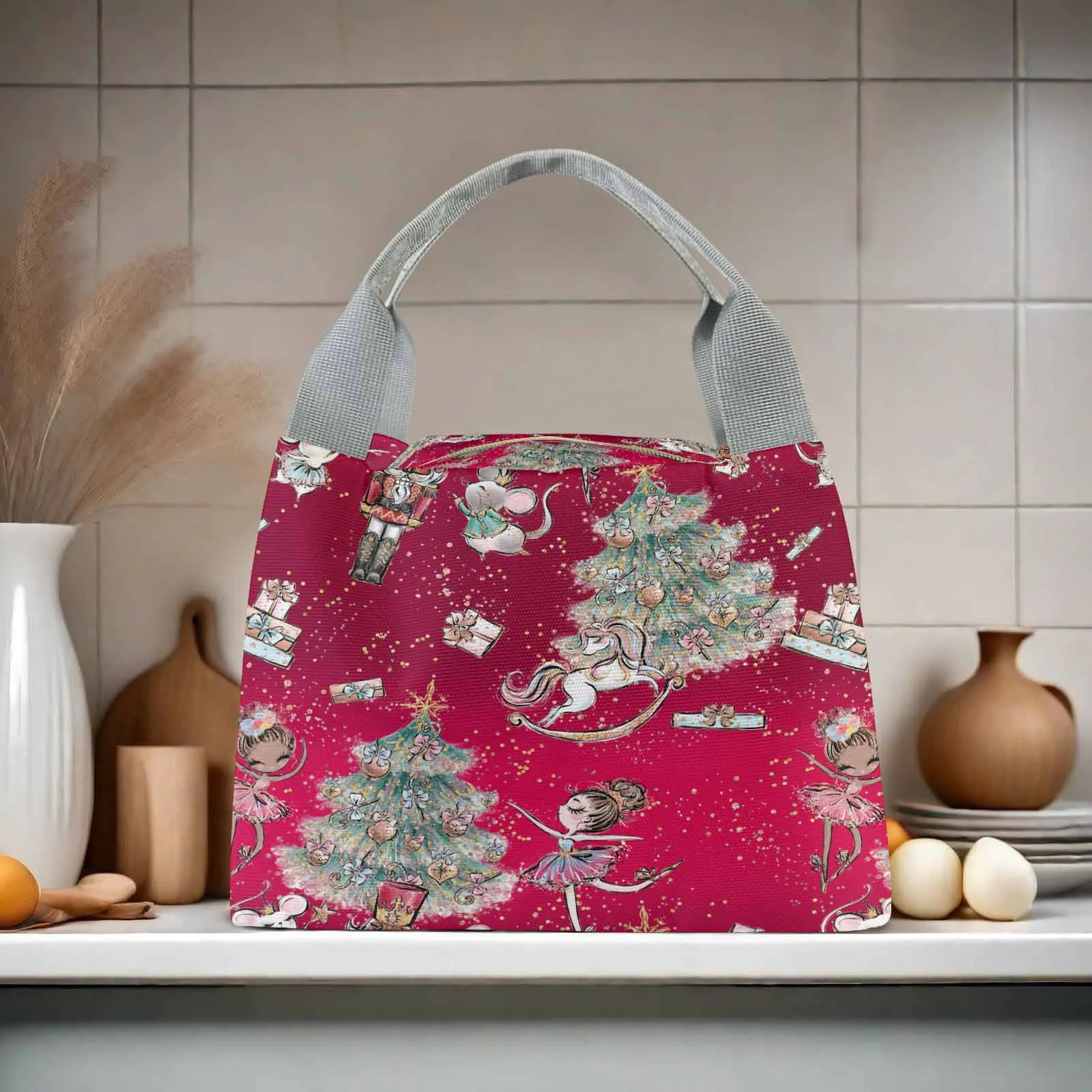 Red Christmas  Portable Lunch Bag-Grey Handle